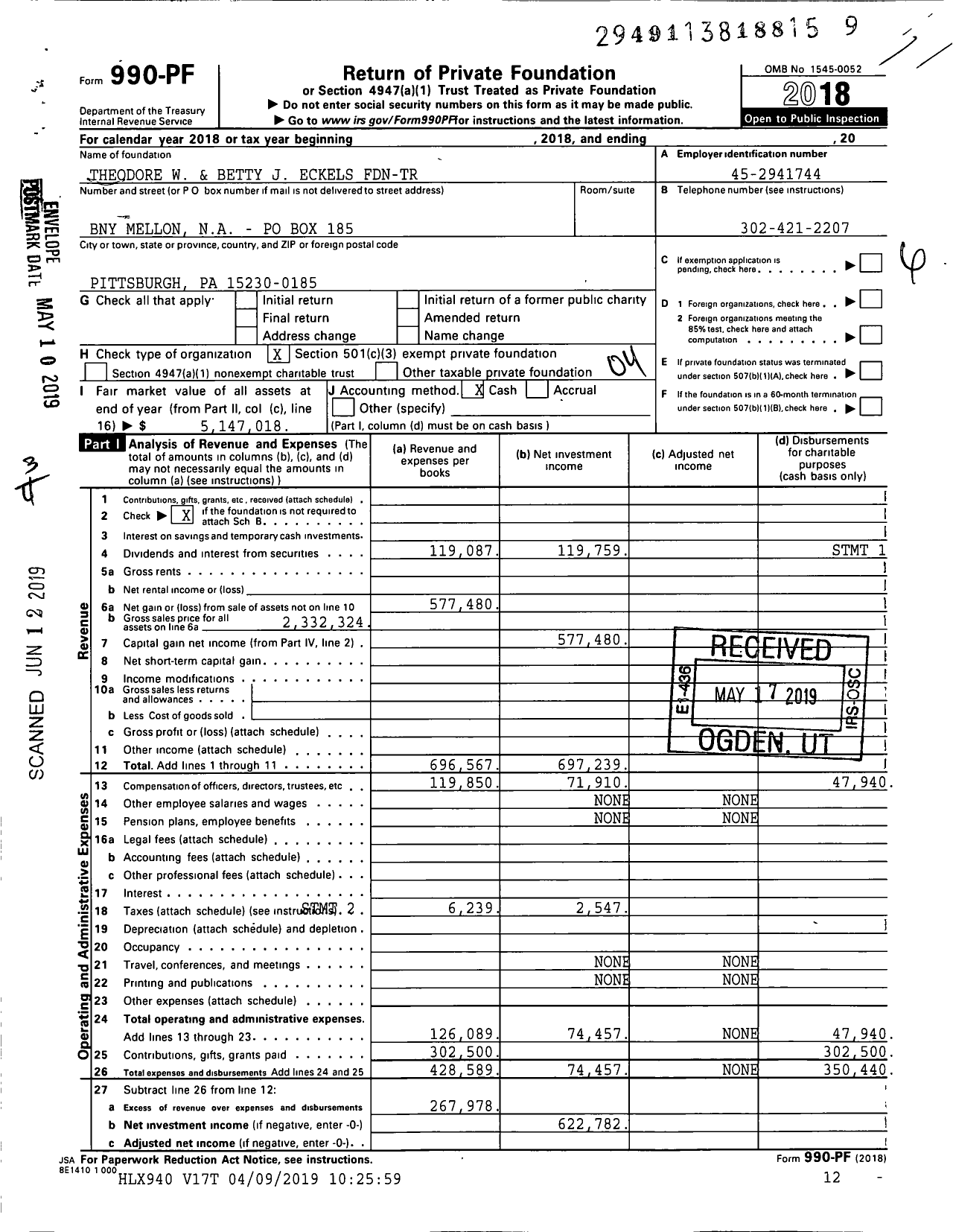 Image of first page of 2018 Form 990PF for Theodore W and Betty J Eckels FDN-TR