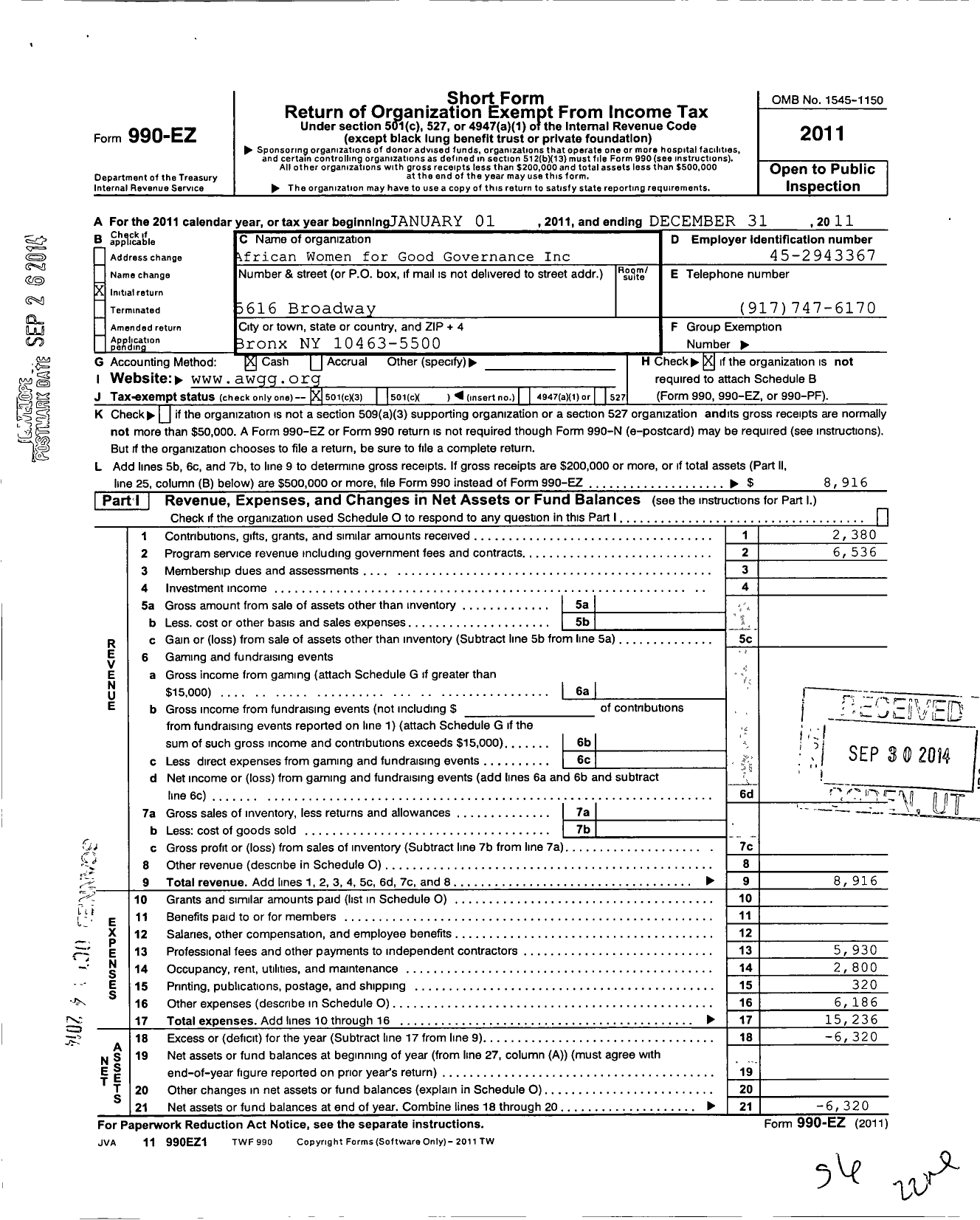 Image of first page of 2011 Form 990EZ for African Women for Good Governance