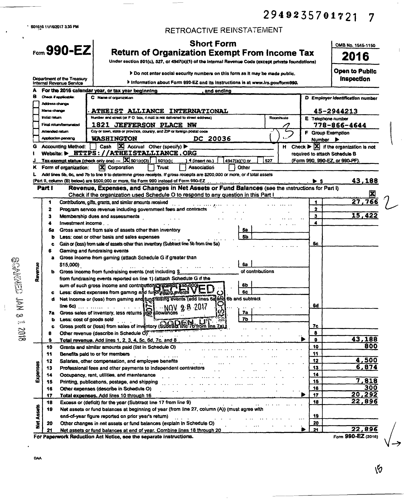 Image of first page of 2016 Form 990EZ for Atheist Alliance International