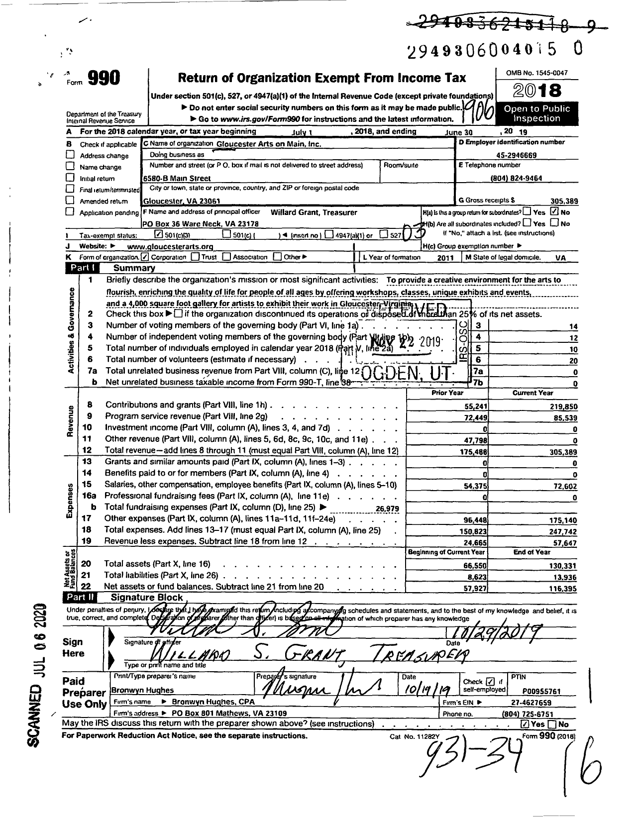 Image of first page of 2018 Form 990 for Gloucester Arts on Main