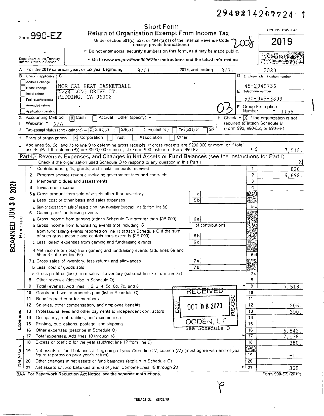 Image of first page of 2019 Form 990EZ for Amateur Athletic Union - Nor Cal Heat Basketball