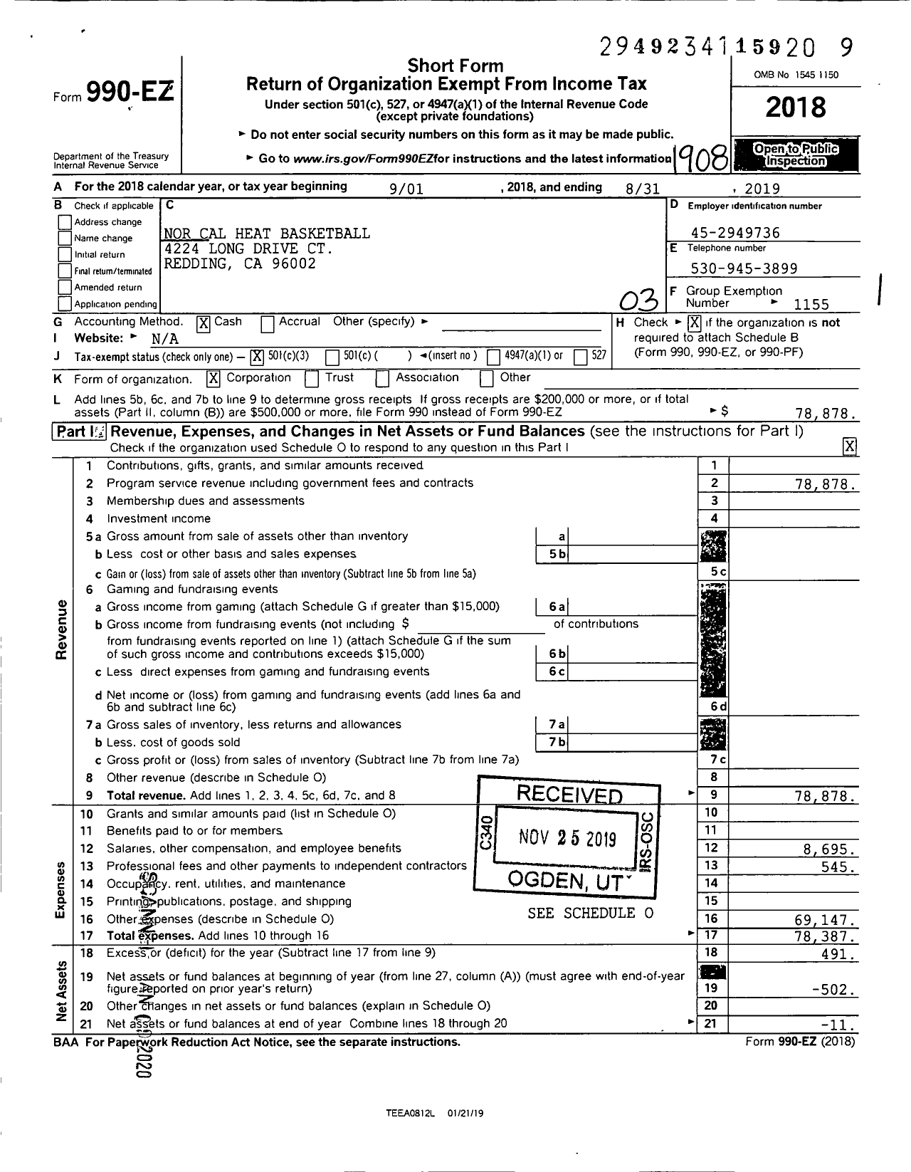 Image of first page of 2018 Form 990EZ for Amateur Athletic Union - Nor Cal Heat Basketball