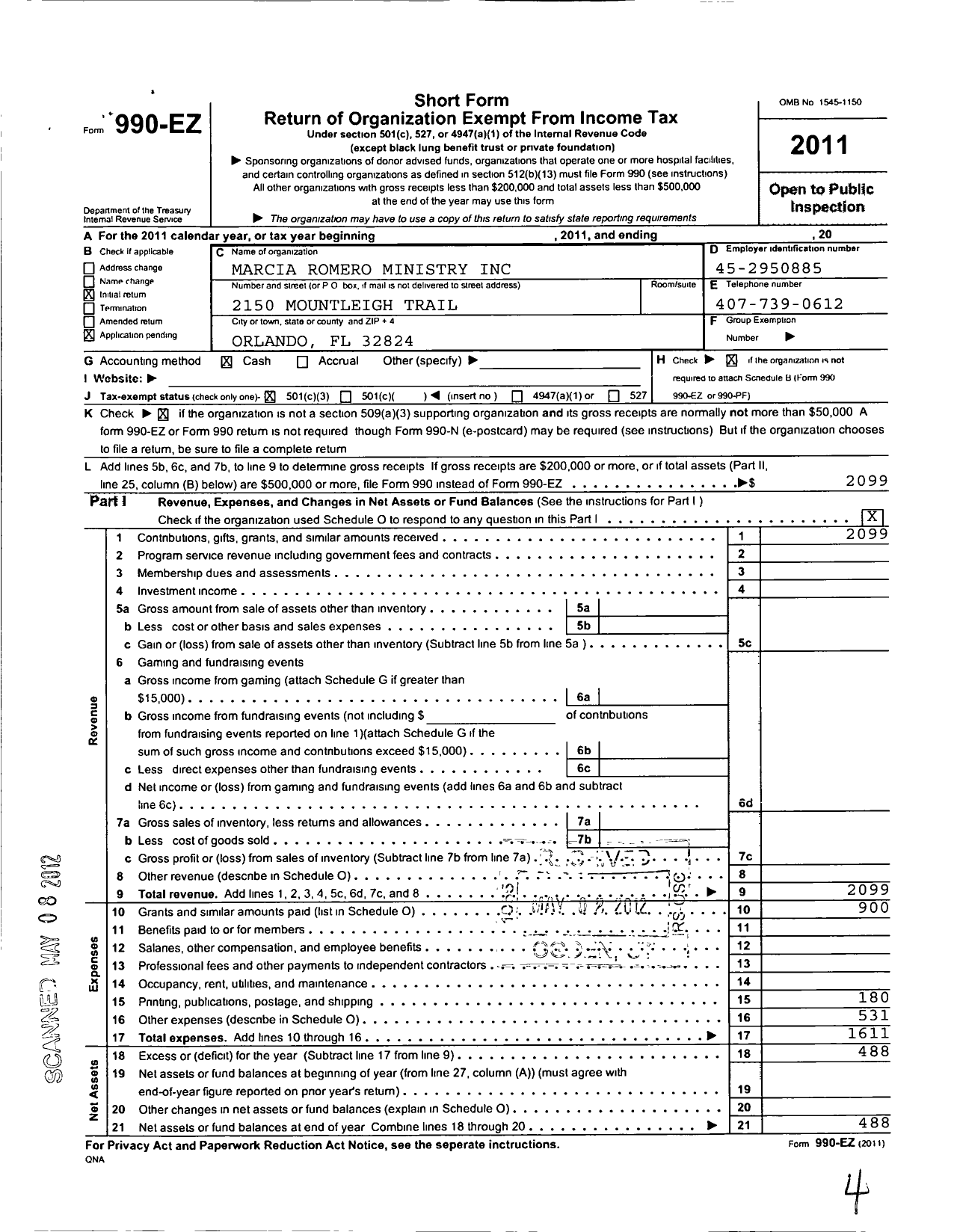 Image of first page of 2011 Form 990EZ for Marcia Romero Ministry