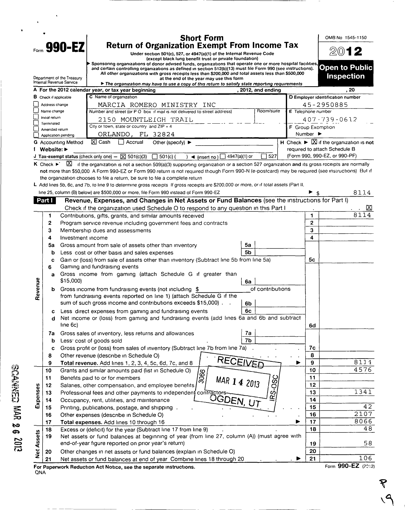 Image of first page of 2012 Form 990EZ for Marcia Romero Ministry