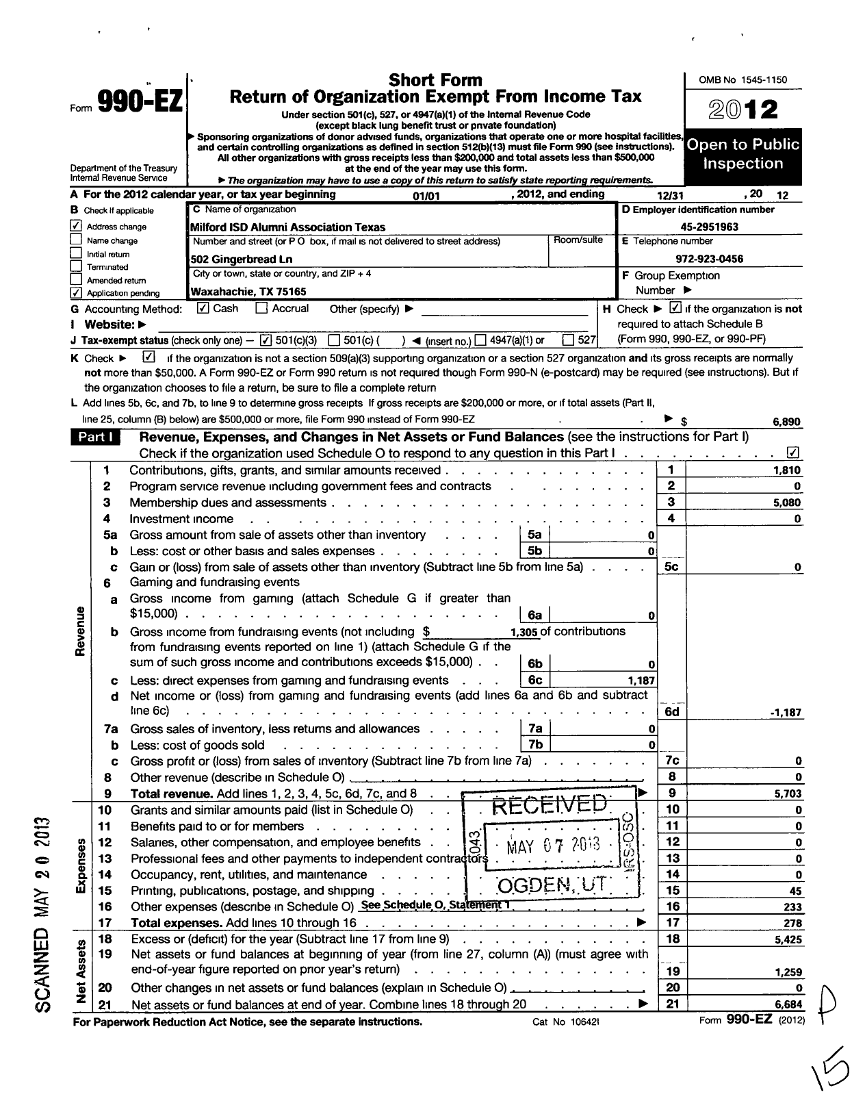 Image of first page of 2012 Form 990EZ for Milford ISD Alumni Association Texas