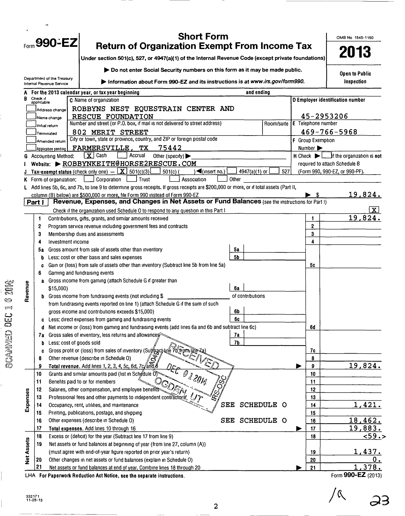 Image of first page of 2013 Form 990EZ for Robbyns Nest Equestrian Center and Rescue Foundation