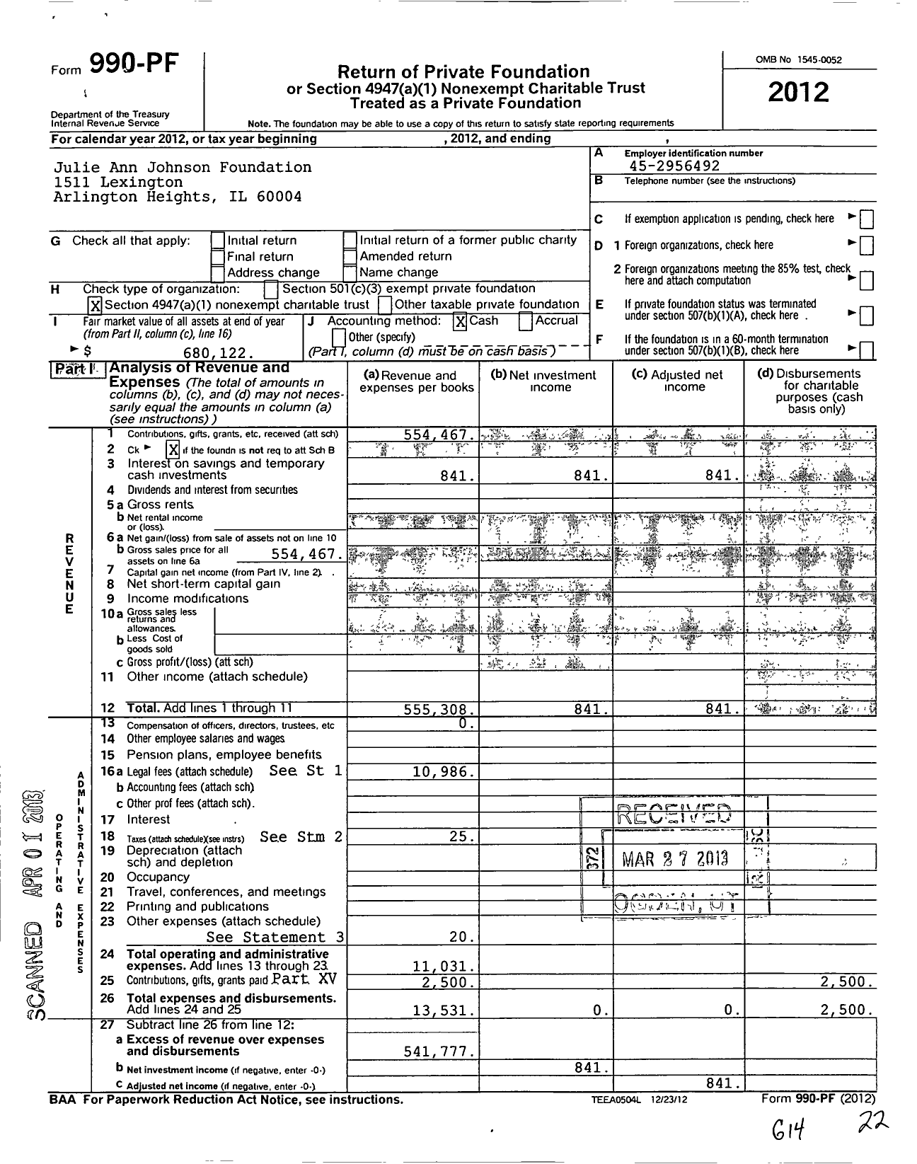 Image of first page of 2012 Form 990PF for Julie Ann Johnson Foundation