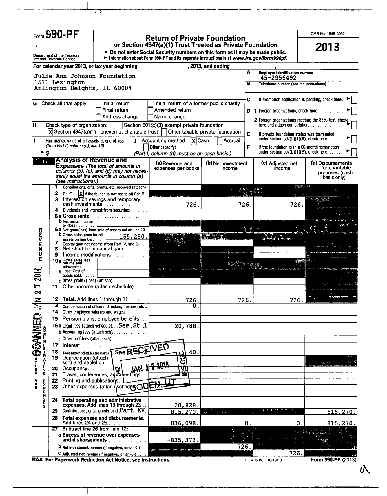 Image of first page of 2013 Form 990PF for Julie Ann Johnson Foundation