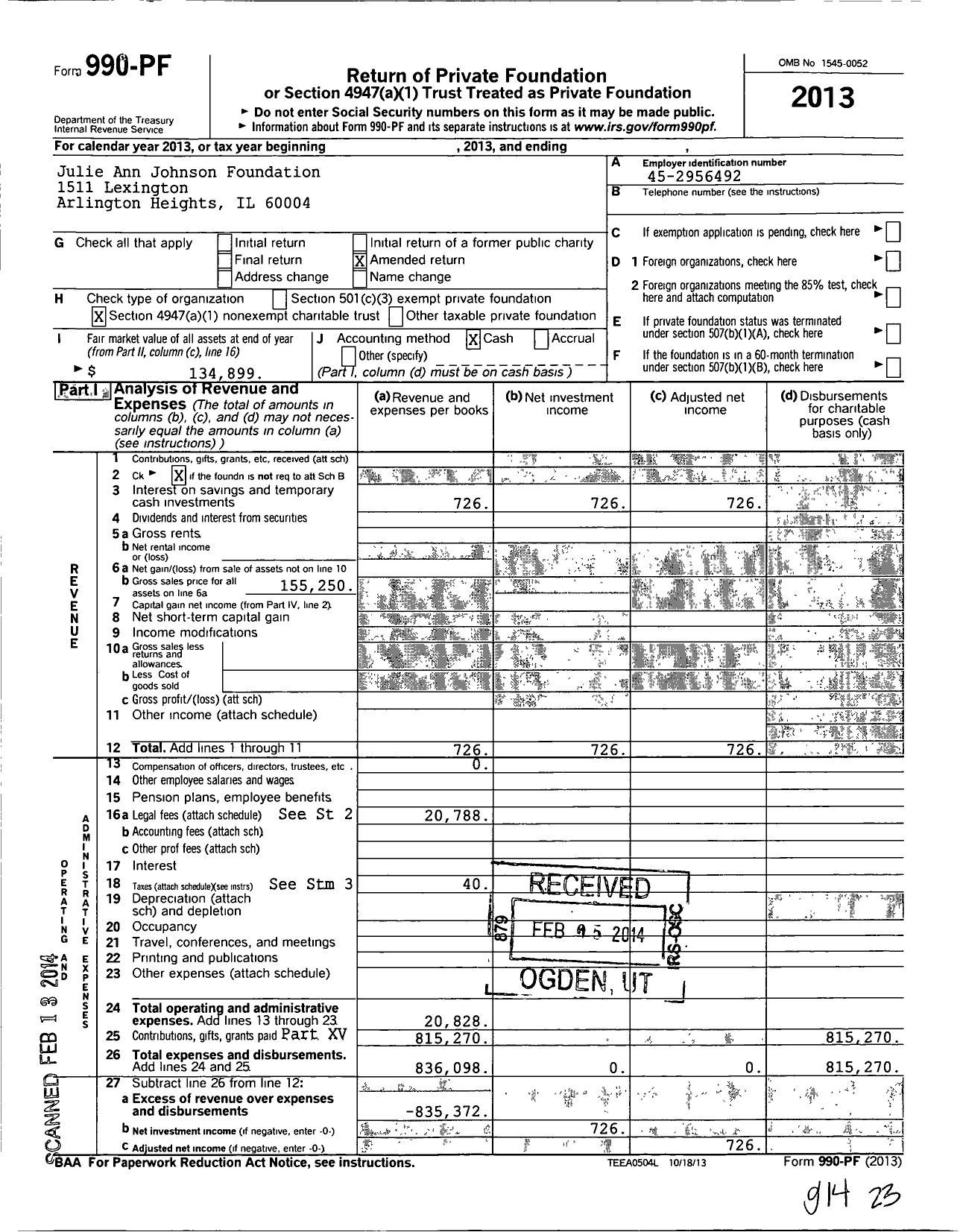 Image of first page of 2013 Form 990PF for Julie Ann Johnson Foundation