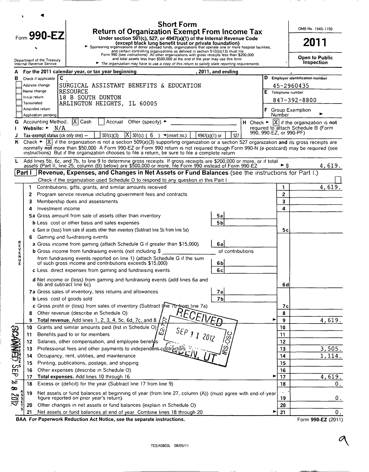 Image of first page of 2011 Form 990EO for Surgical Assistants Benefits and Education Resource