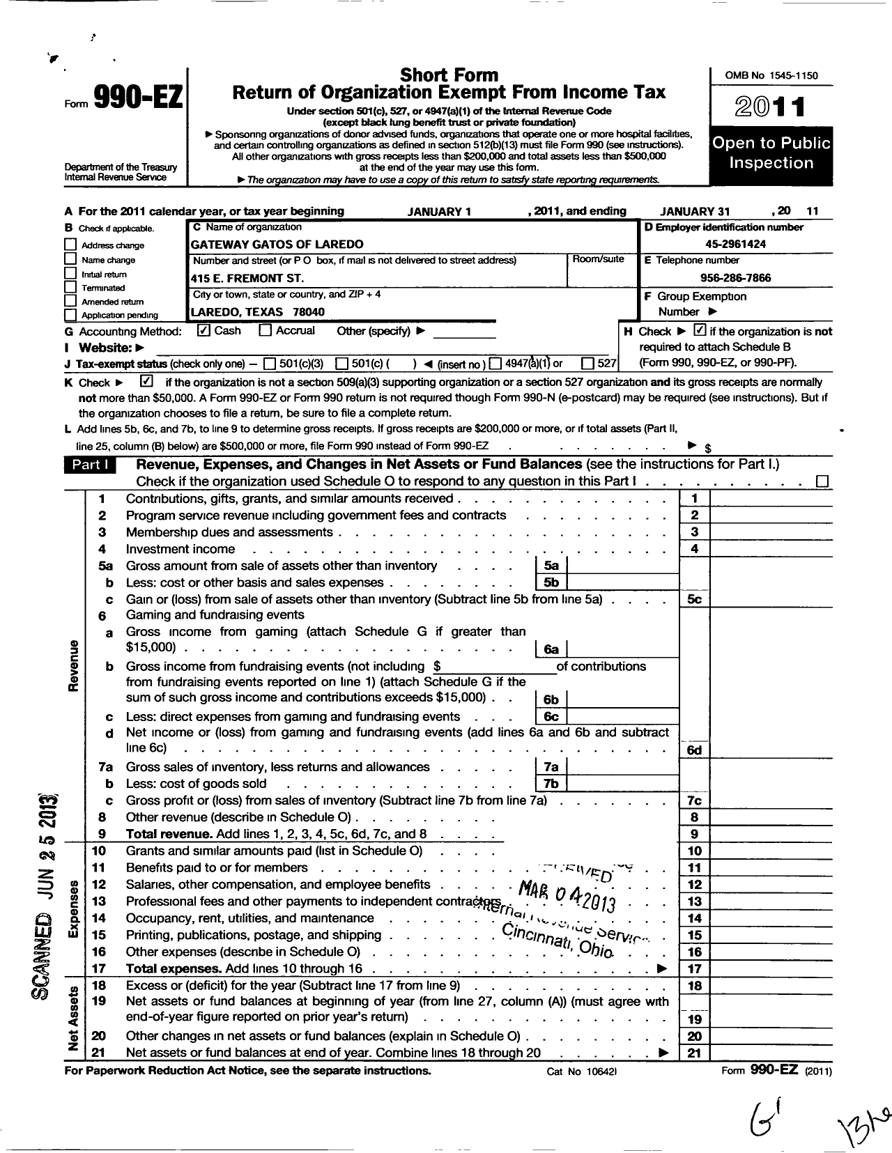 Image of first page of 2010 Form 990EO for Gateway Gatos of Laredo