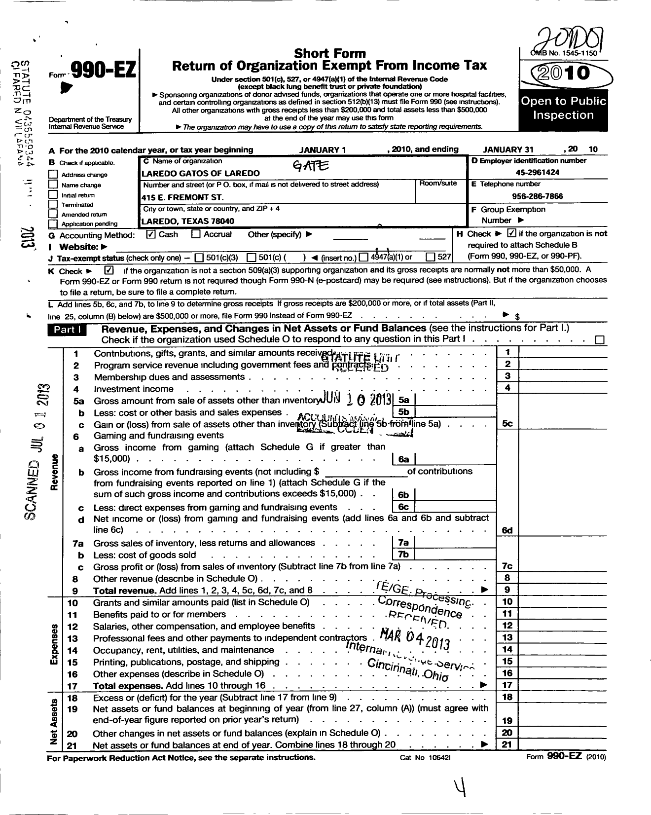 Image of first page of 2009 Form 990EO for Gateway Gatos of Laredo