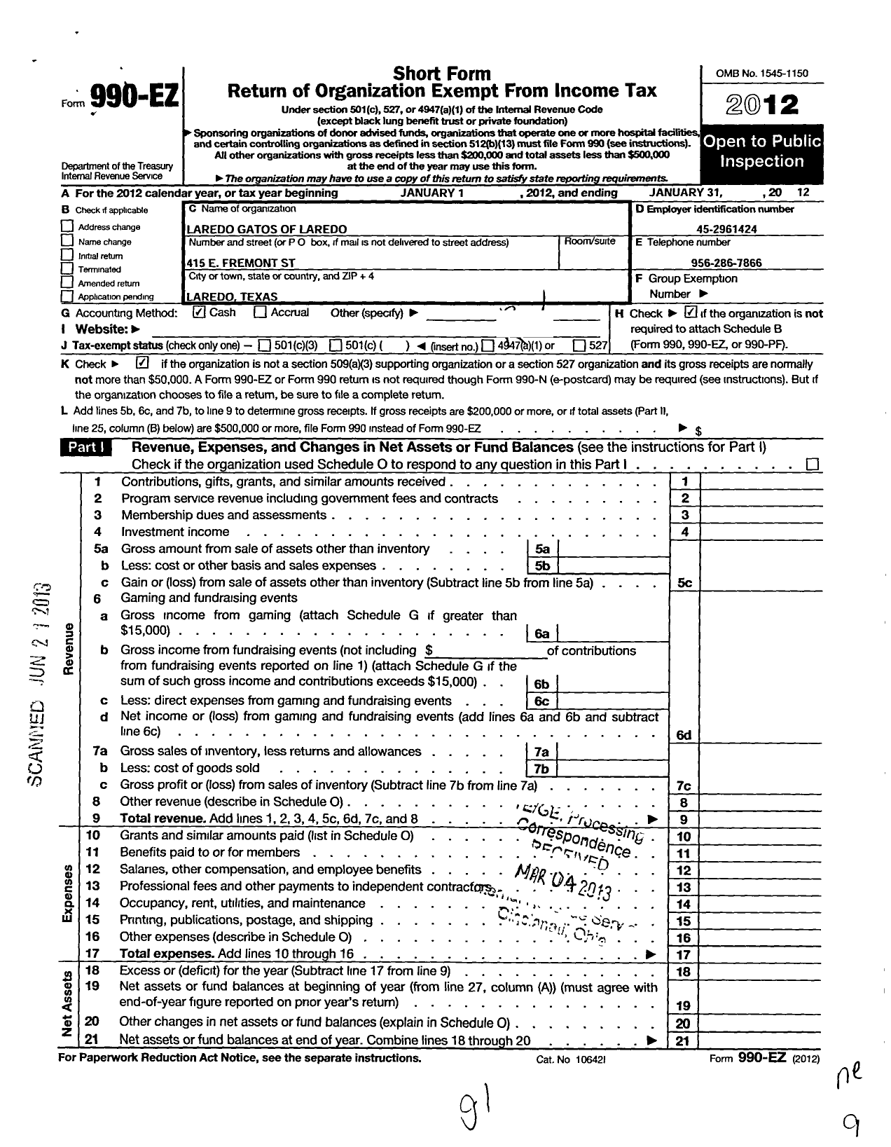 Image of first page of 2011 Form 990EO for Gateway Gatos of Laredo