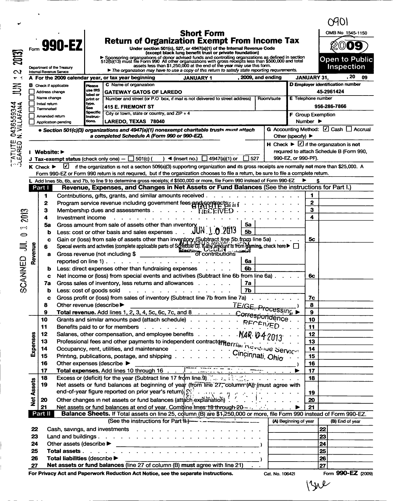 Image of first page of 2008 Form 990EO for Gateway Gatos of Laredo