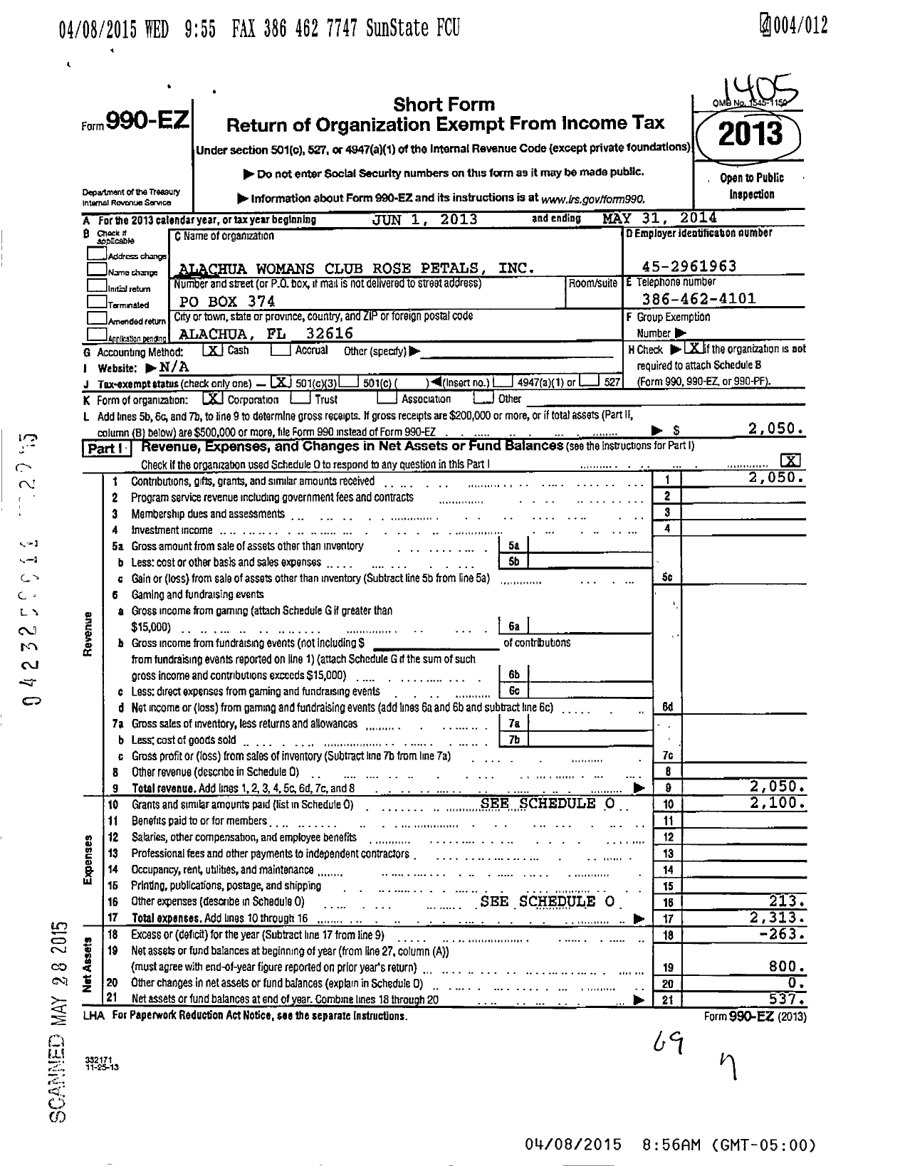 Image of first page of 2013 Form 990EZ for Alachua Womans Club Rose Petals