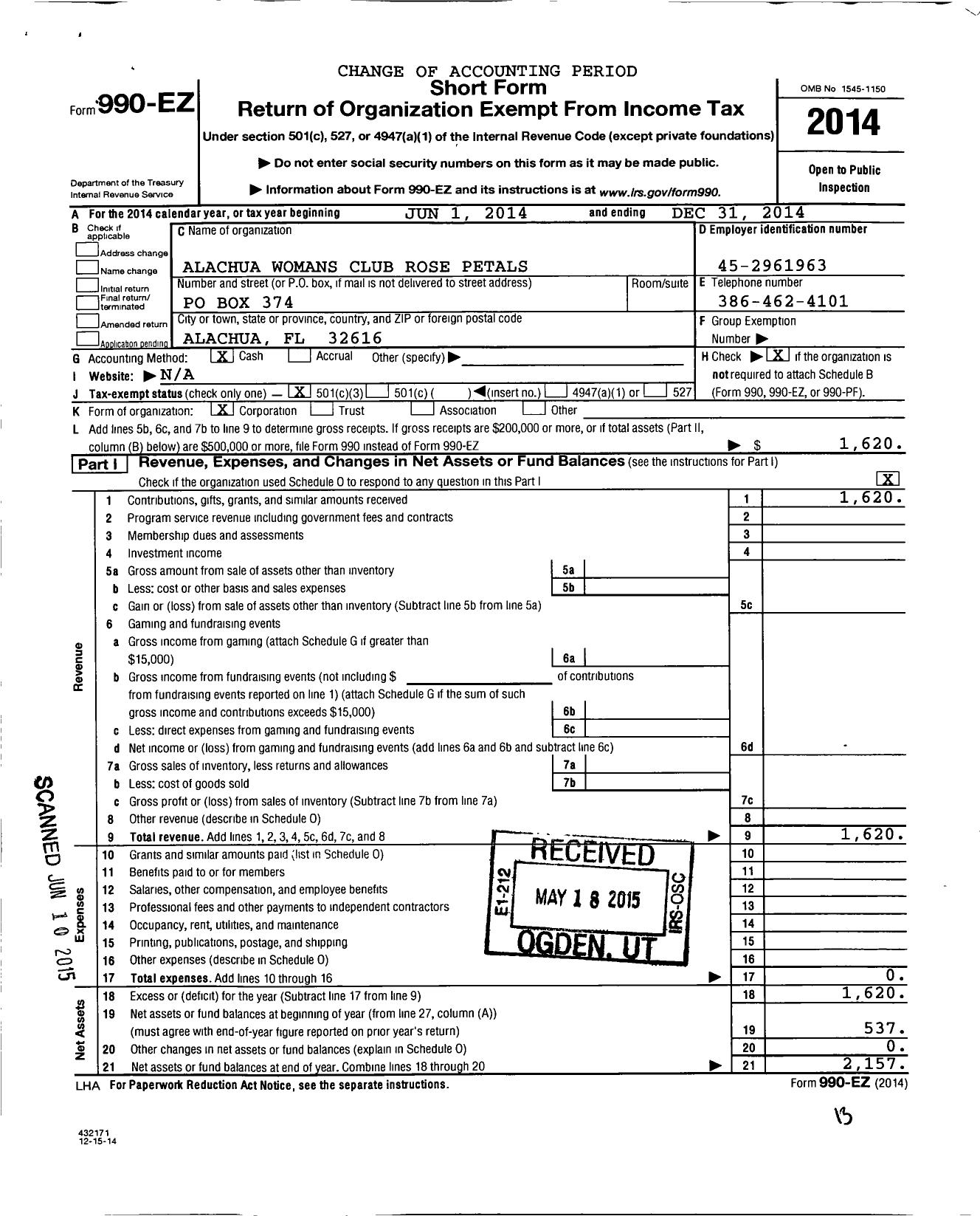 Image of first page of 2014 Form 990EZ for Alachua Womans Club Rose Petals