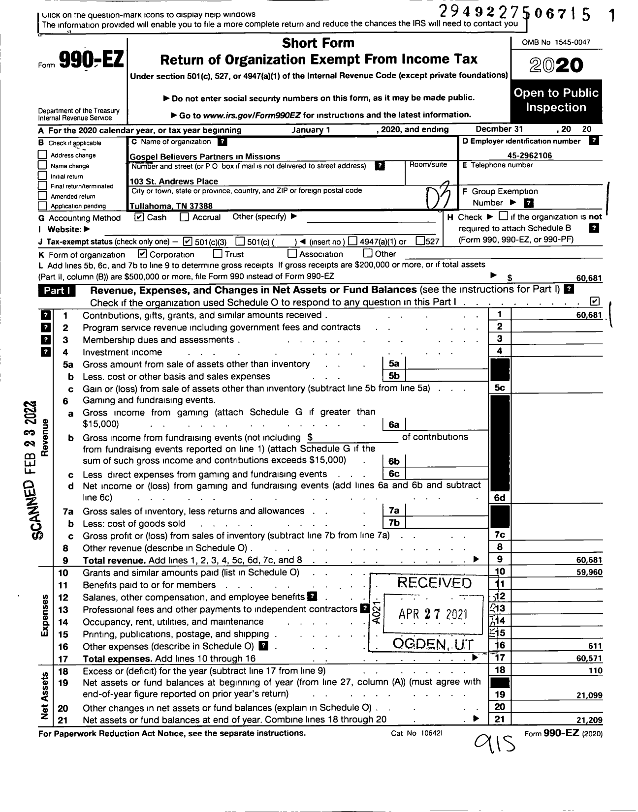 Image of first page of 2020 Form 990EZ for Gospel Believers Partners in Missions