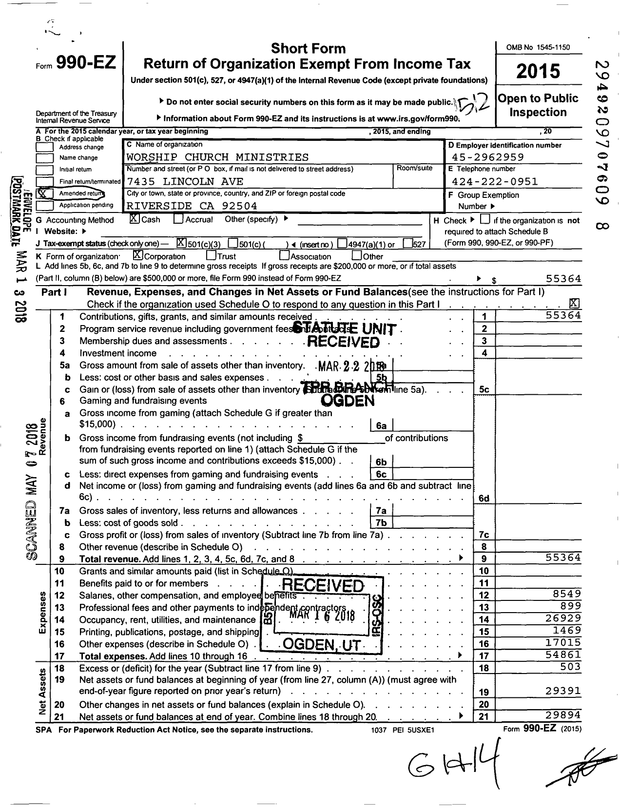 Image of first page of 2015 Form 990EZ for Worship Church Ministries