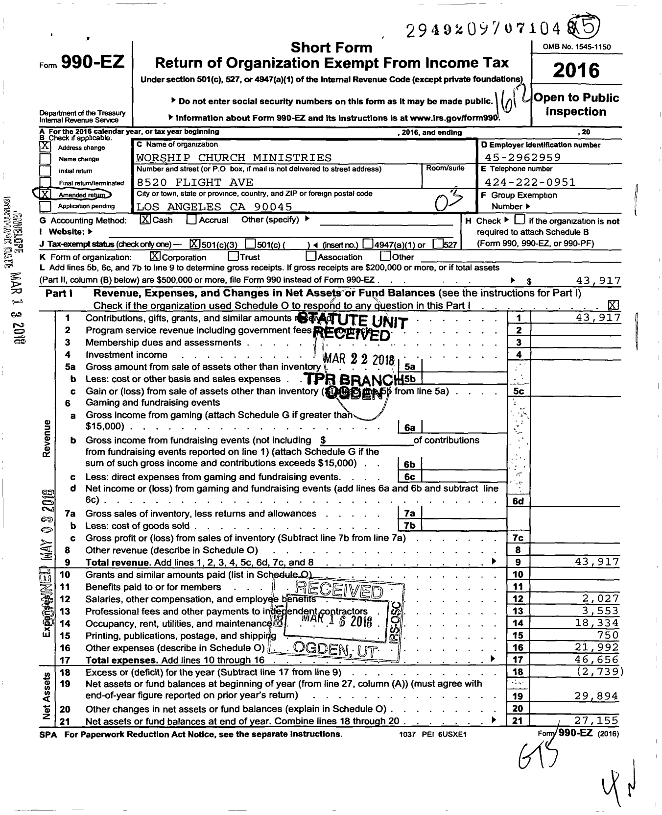 Image of first page of 2016 Form 990EZ for Worship Church Ministries