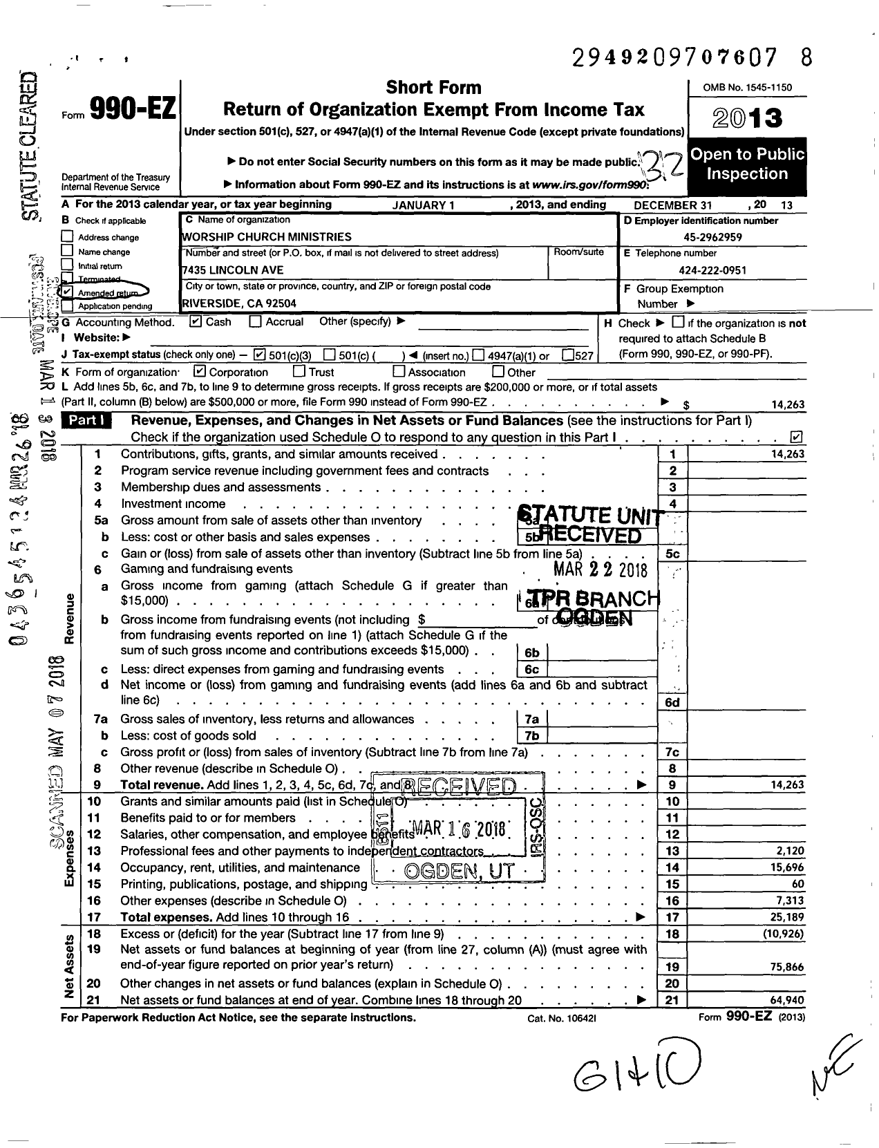 Image of first page of 2013 Form 990EZ for Worship Church Ministries