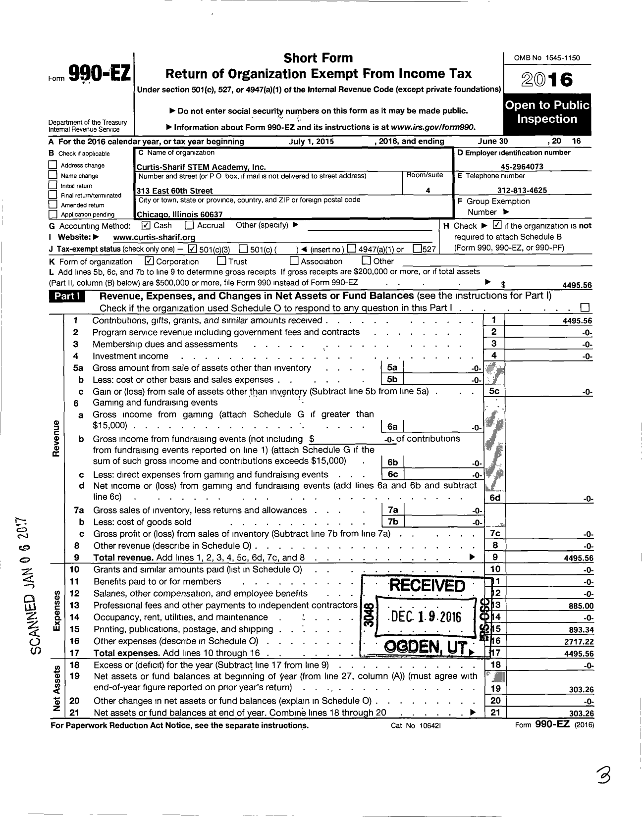 Image of first page of 2015 Form 990EZ for Curtis Sharif Stem Academy