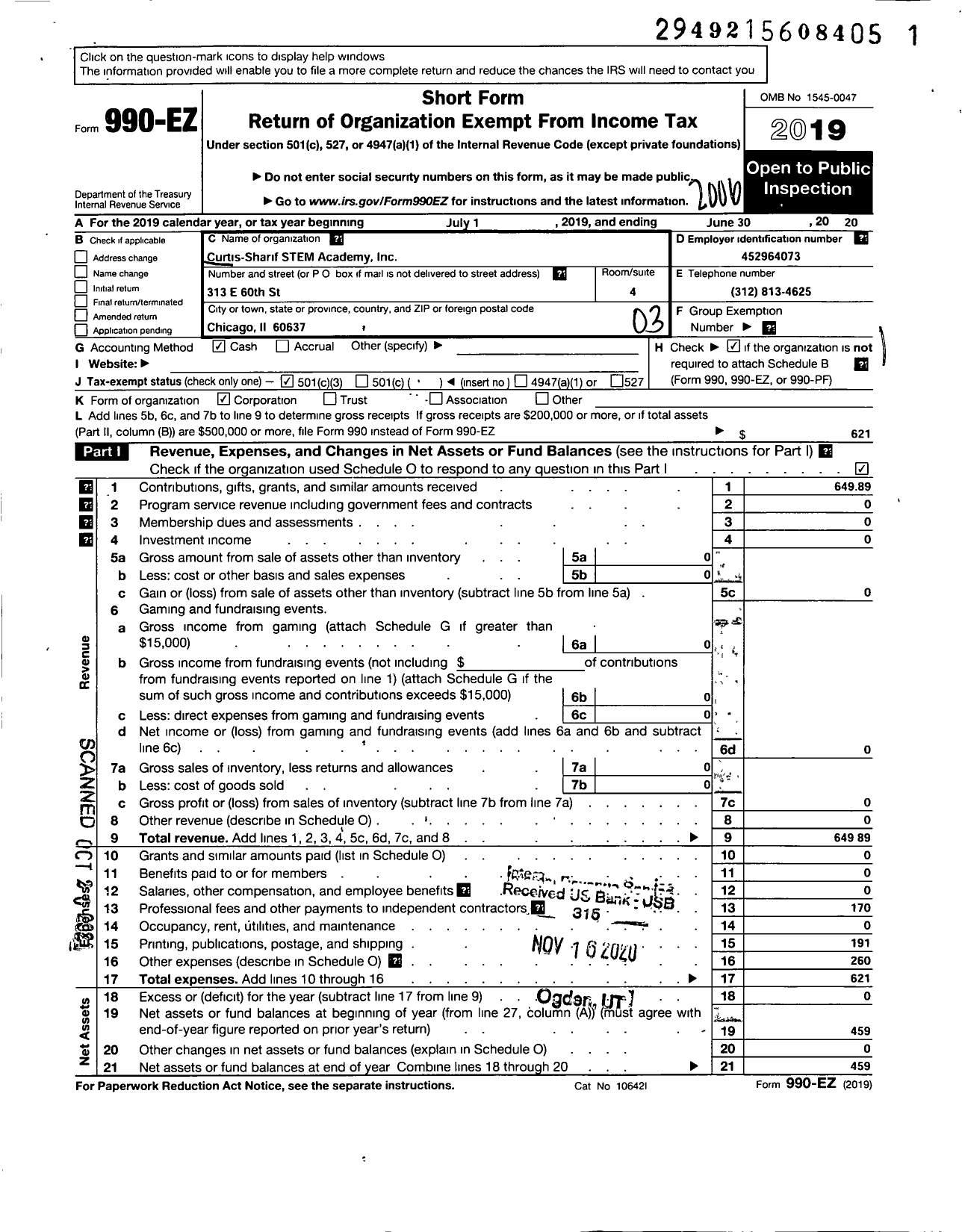 Image of first page of 2019 Form 990EZ for Curtis Sharif Stem Academy