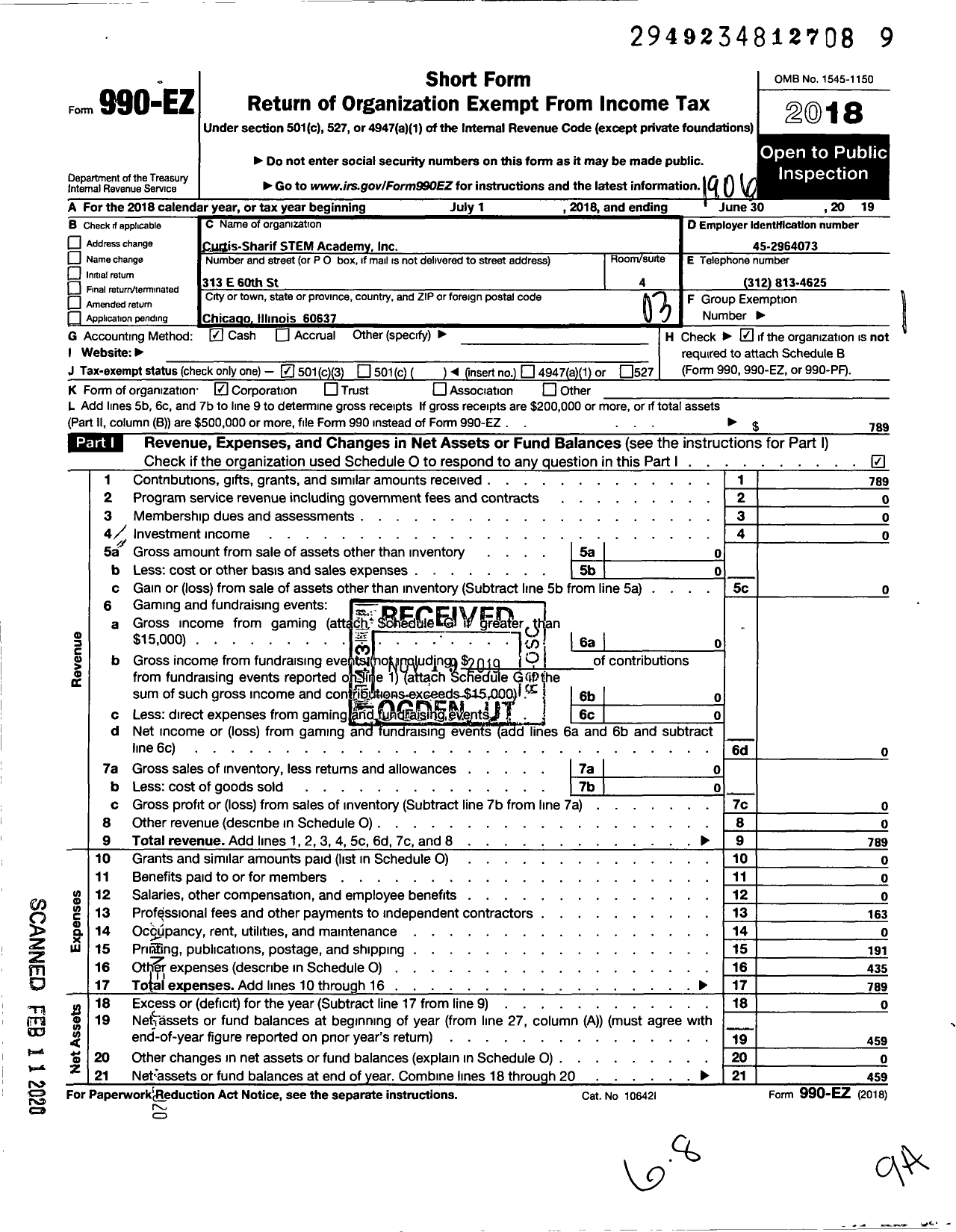 Image of first page of 2018 Form 990EZ for Curtis Sharif Stem Academy