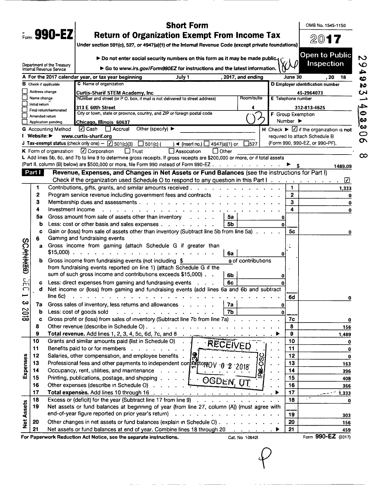 Image of first page of 2017 Form 990EZ for Curtis Sharif Stem Academy