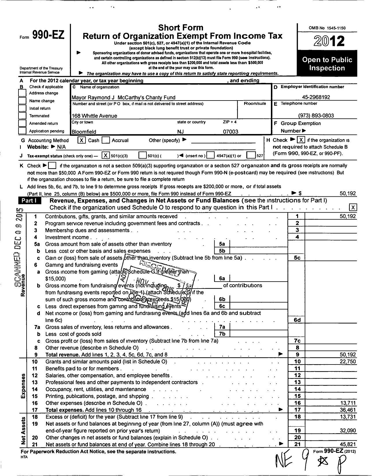 Image of first page of 2012 Form 990EZ for Mayor Raymond J McCarthy's Charity Fund