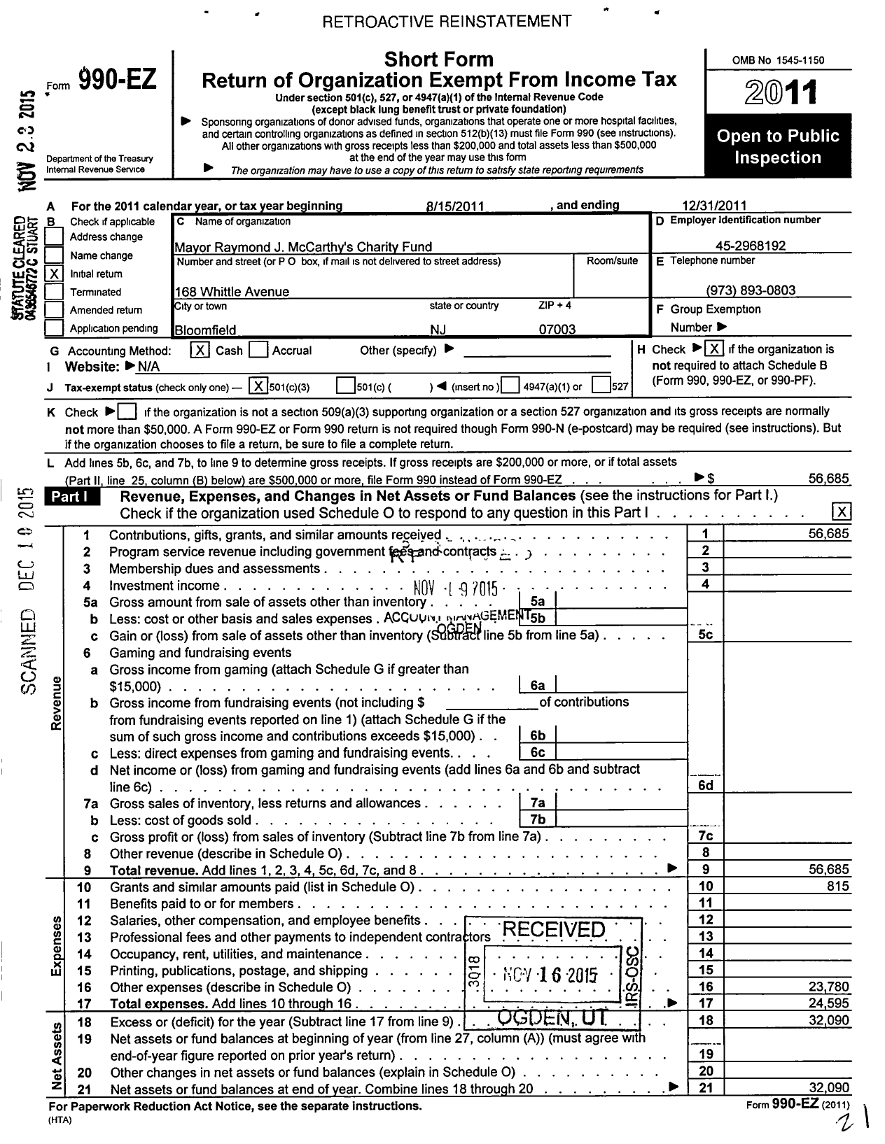 Image of first page of 2011 Form 990EZ for Mayor Raymond J McCarthy's Charity Fund