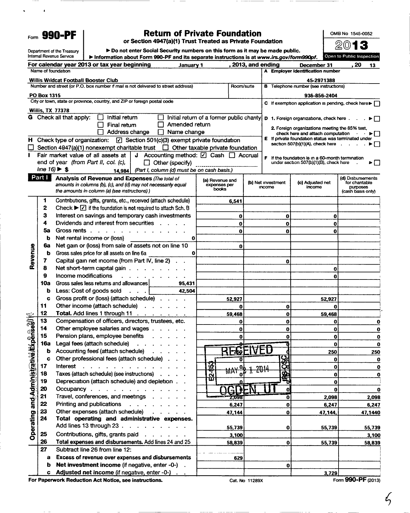 Image of first page of 2013 Form 990PF for Willis Wildkat Football Booster Lisa Bardwell