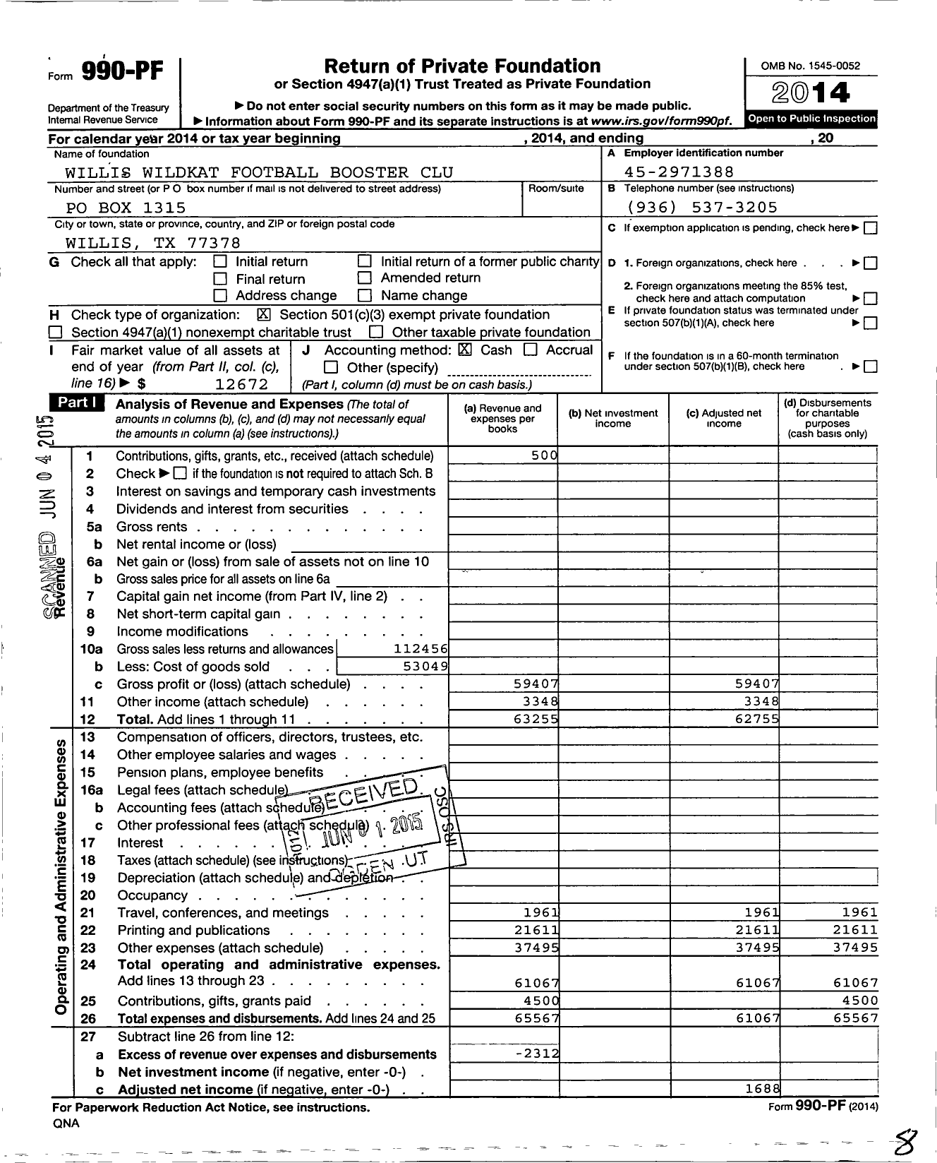 Image of first page of 2014 Form 990PF for Willis Wildkat Football Booster Lisa Bardwell