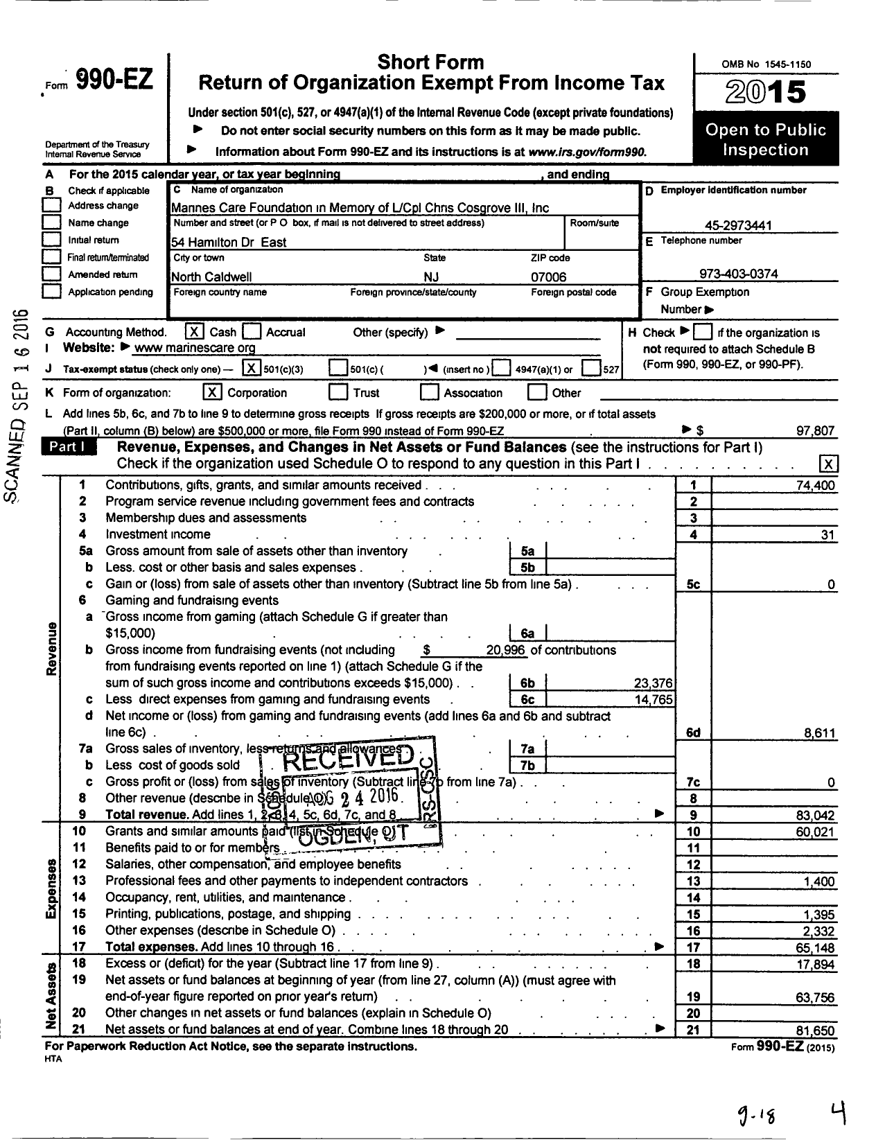 Image of first page of 2015 Form 990EZ for Marines Care Foundation in Memory of L CPL Chris Cosgrove III