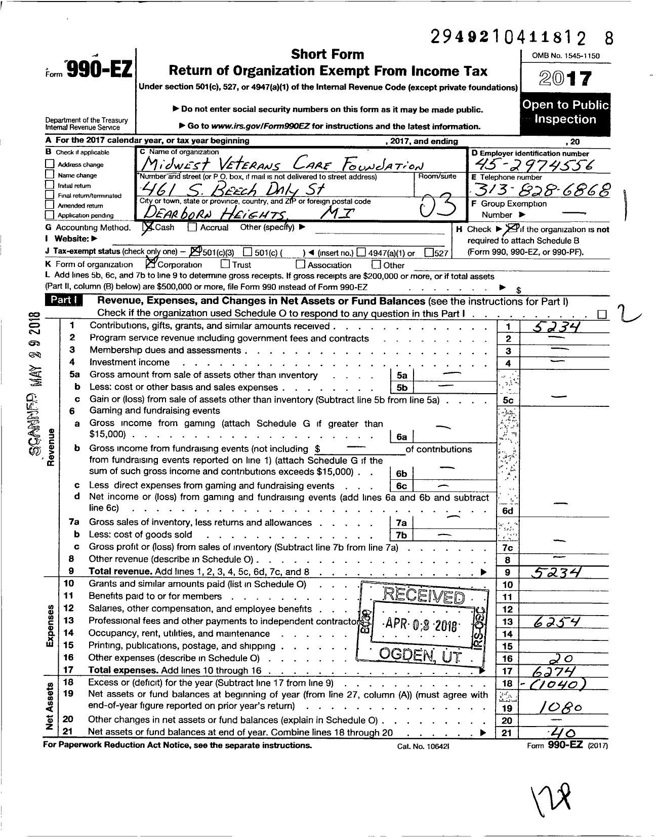 Image of first page of 2017 Form 990EZ for Midwest Veterans Care Foundation