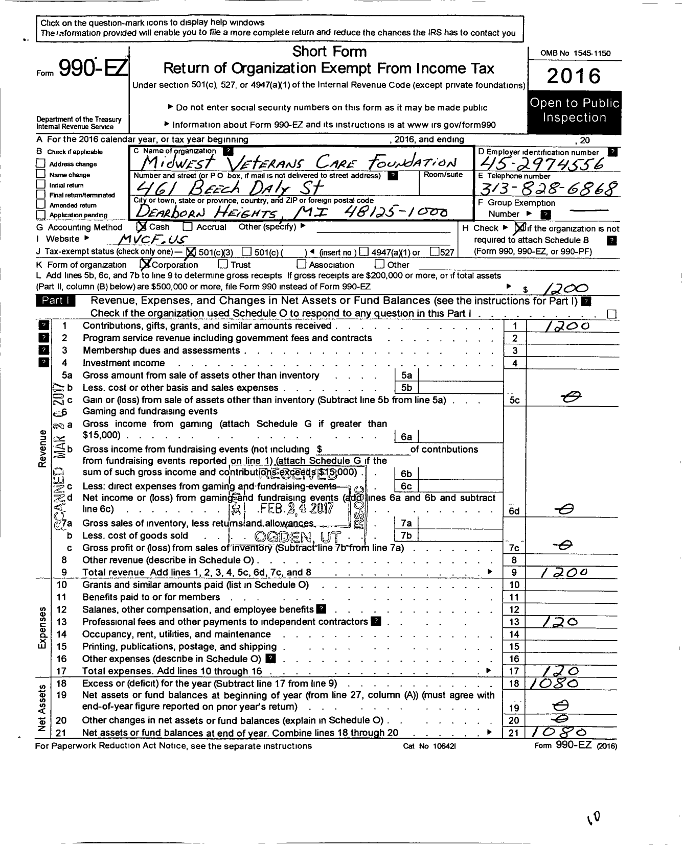 Image of first page of 2016 Form 990EZ for Midwest Veterans Care Foundation