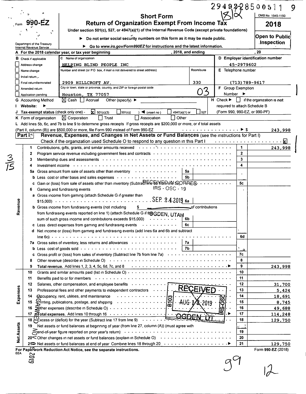 Image of first page of 2018 Form 990EZ for Helping Blind People