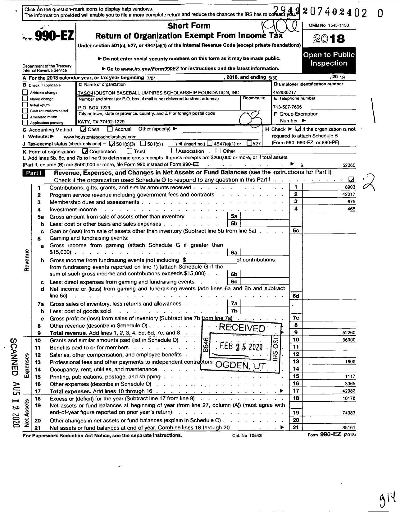 Image of first page of 2018 Form 990EZ for TASO-Houston Baseball Umpires Scholarship Foundation