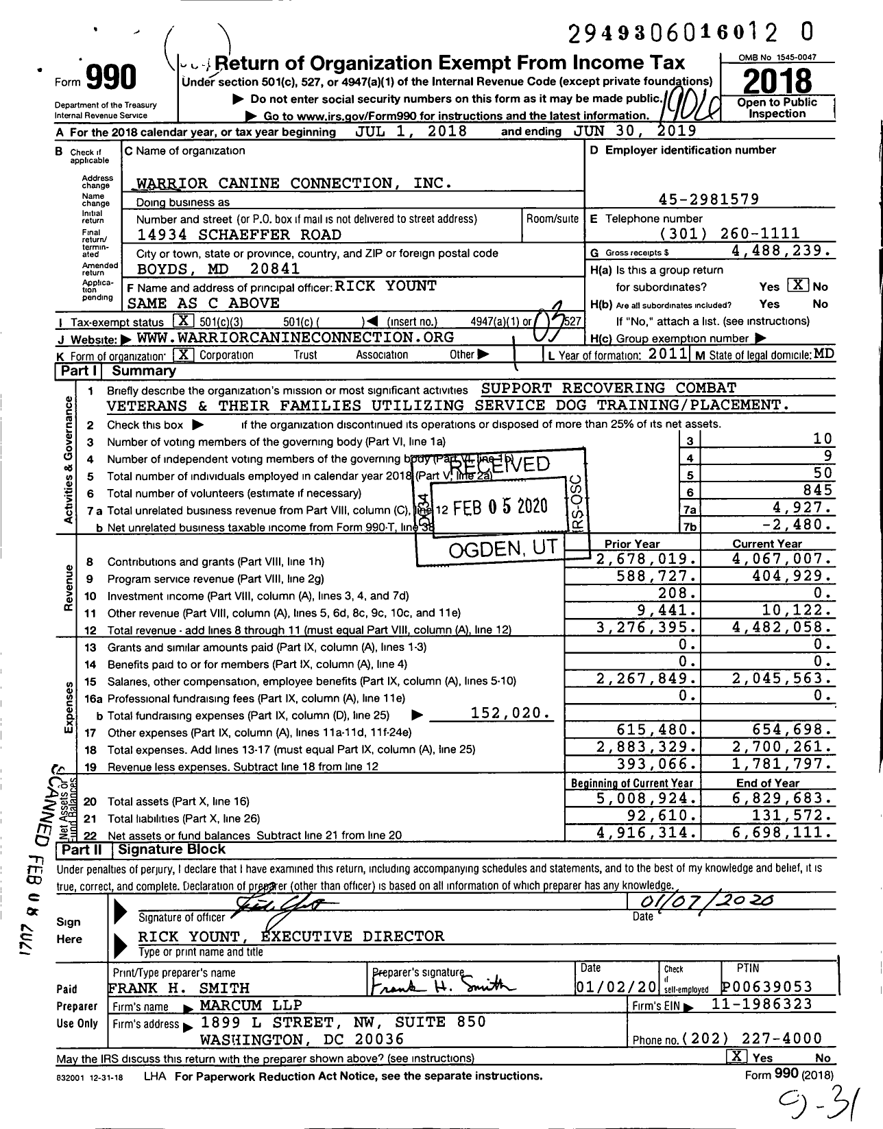 Image of first page of 2018 Form 990 for Warrior Canine Connection (WCC)