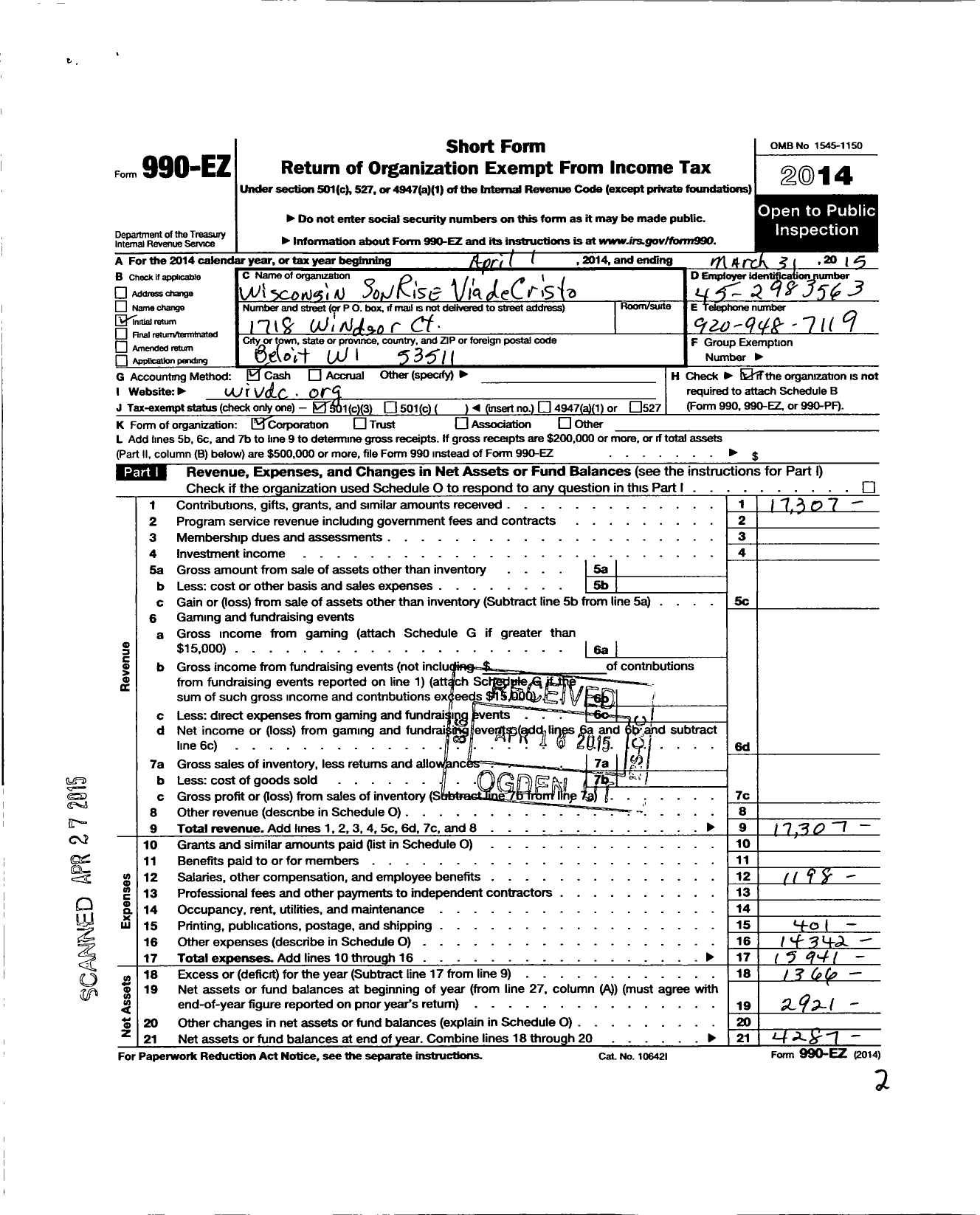 Image of first page of 2014 Form 990EZ for Wisconsin Sonrise Via de Cristo