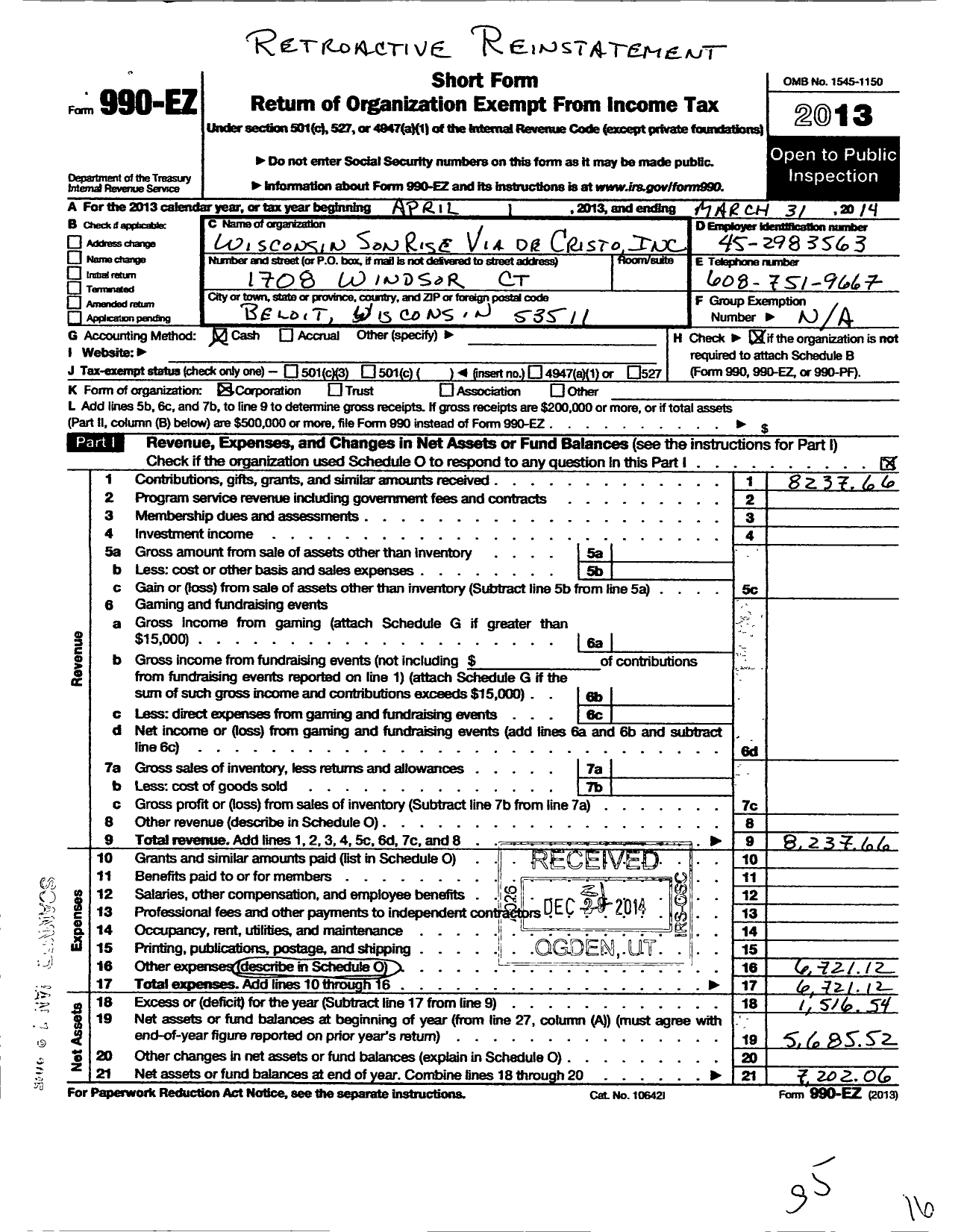 Image of first page of 2013 Form 990EO for Wisconsin Sonrise Via de Cristo