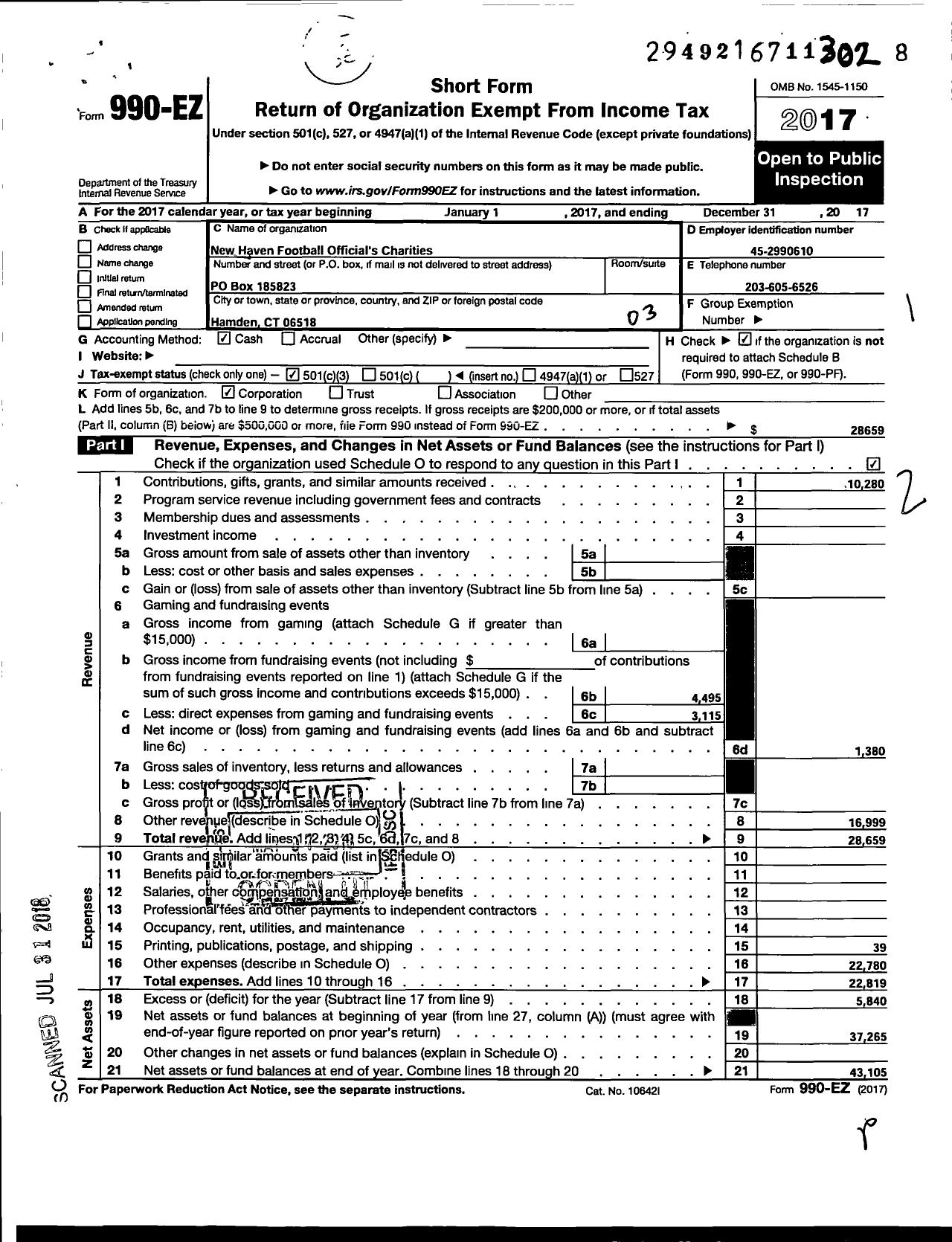 Image of first page of 2017 Form 990EZ for New Haven Football Officials Charities