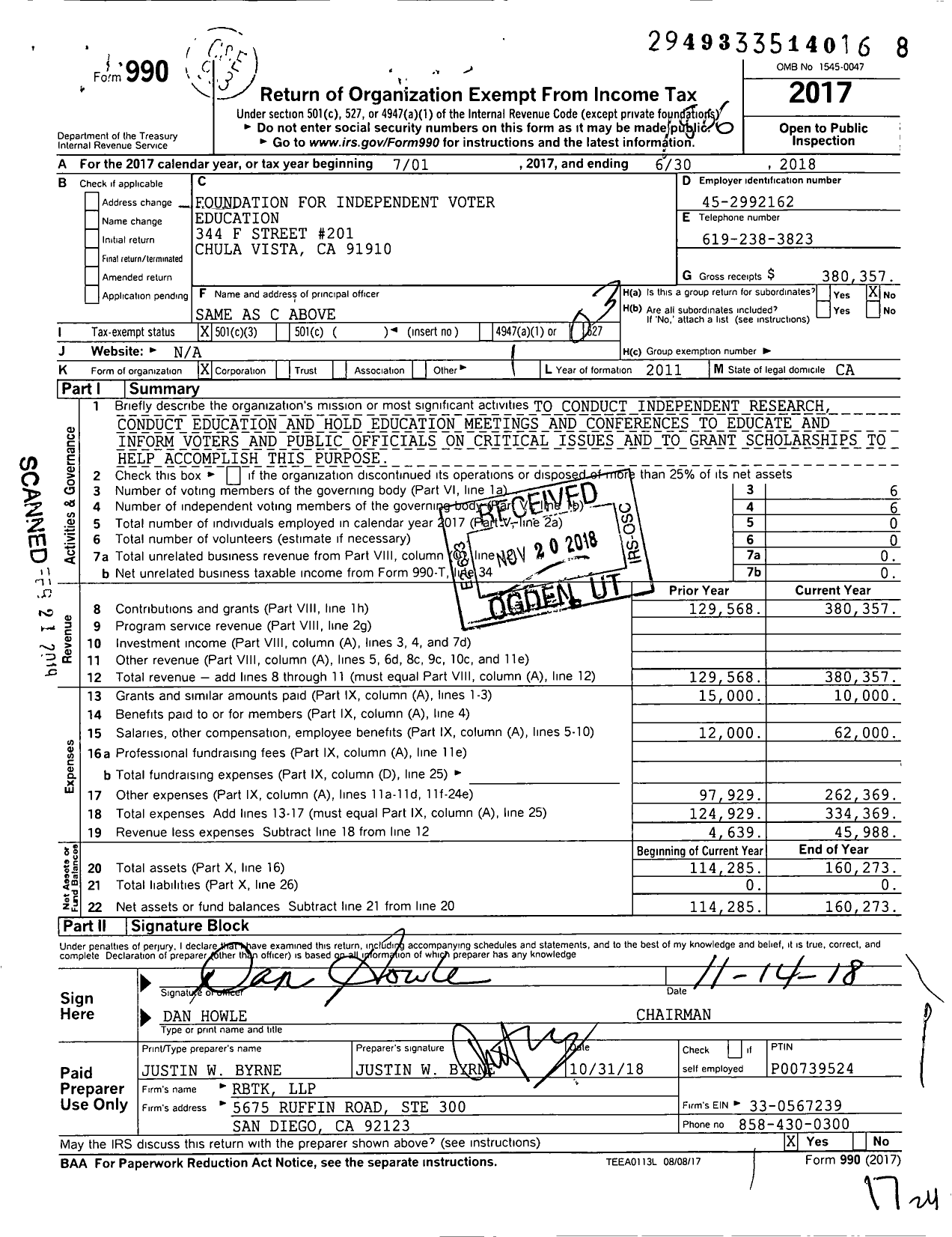 Image of first page of 2017 Form 990 for Foundation for Independent Voter Education