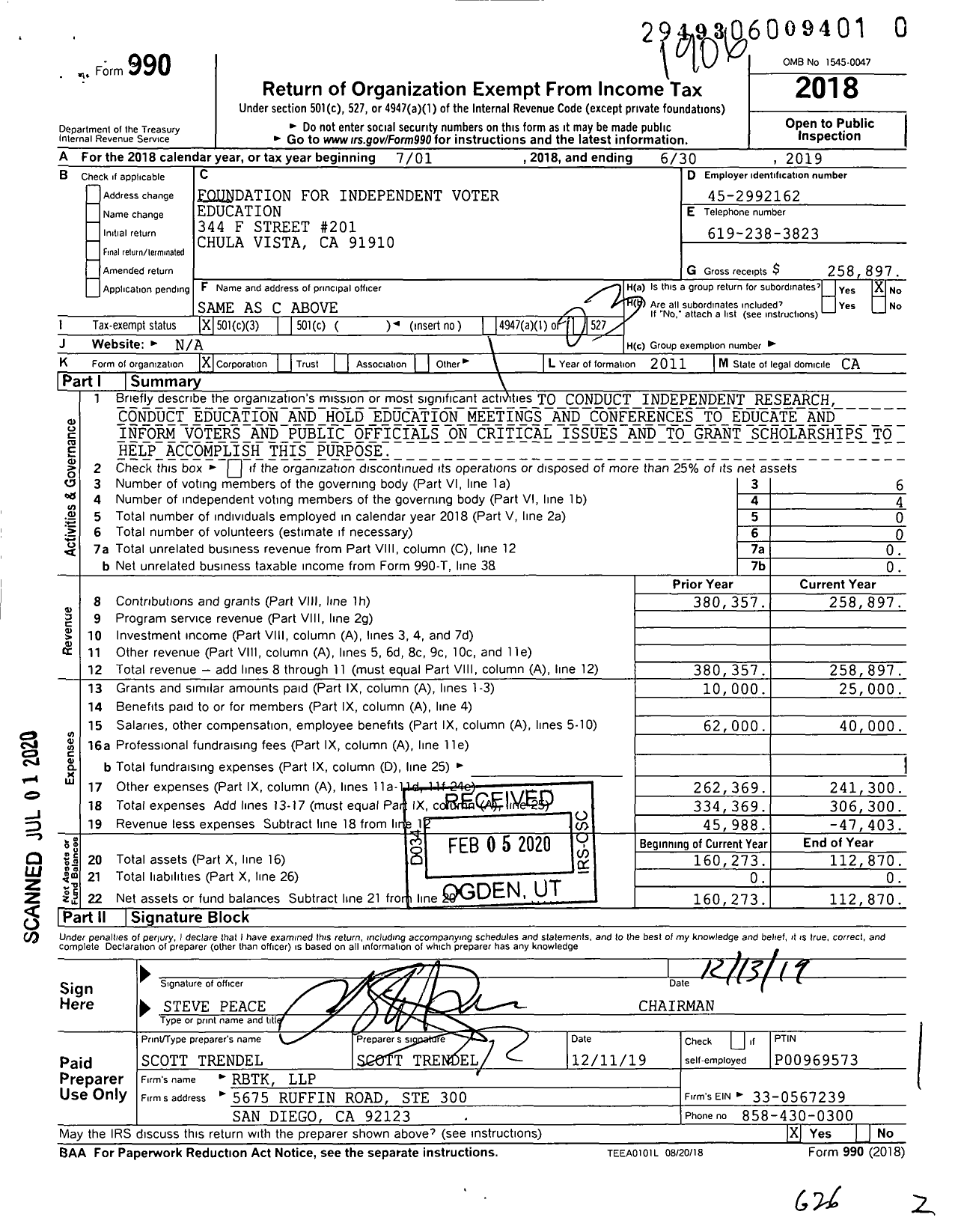 Image of first page of 2018 Form 990 for Foundation for Independent Voter Education