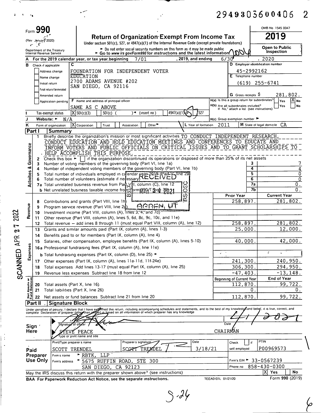 Image of first page of 2019 Form 990 for Foundation for Independent Voter Education