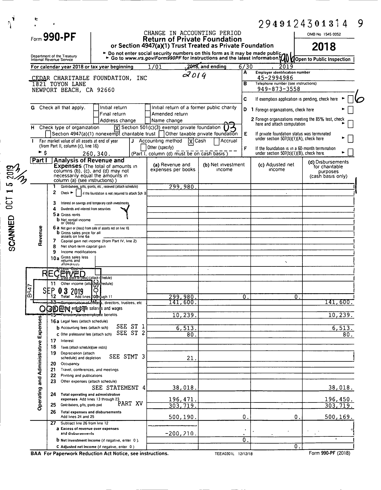 Image of first page of 2018 Form 990PF for Cedar Charitable Foundation