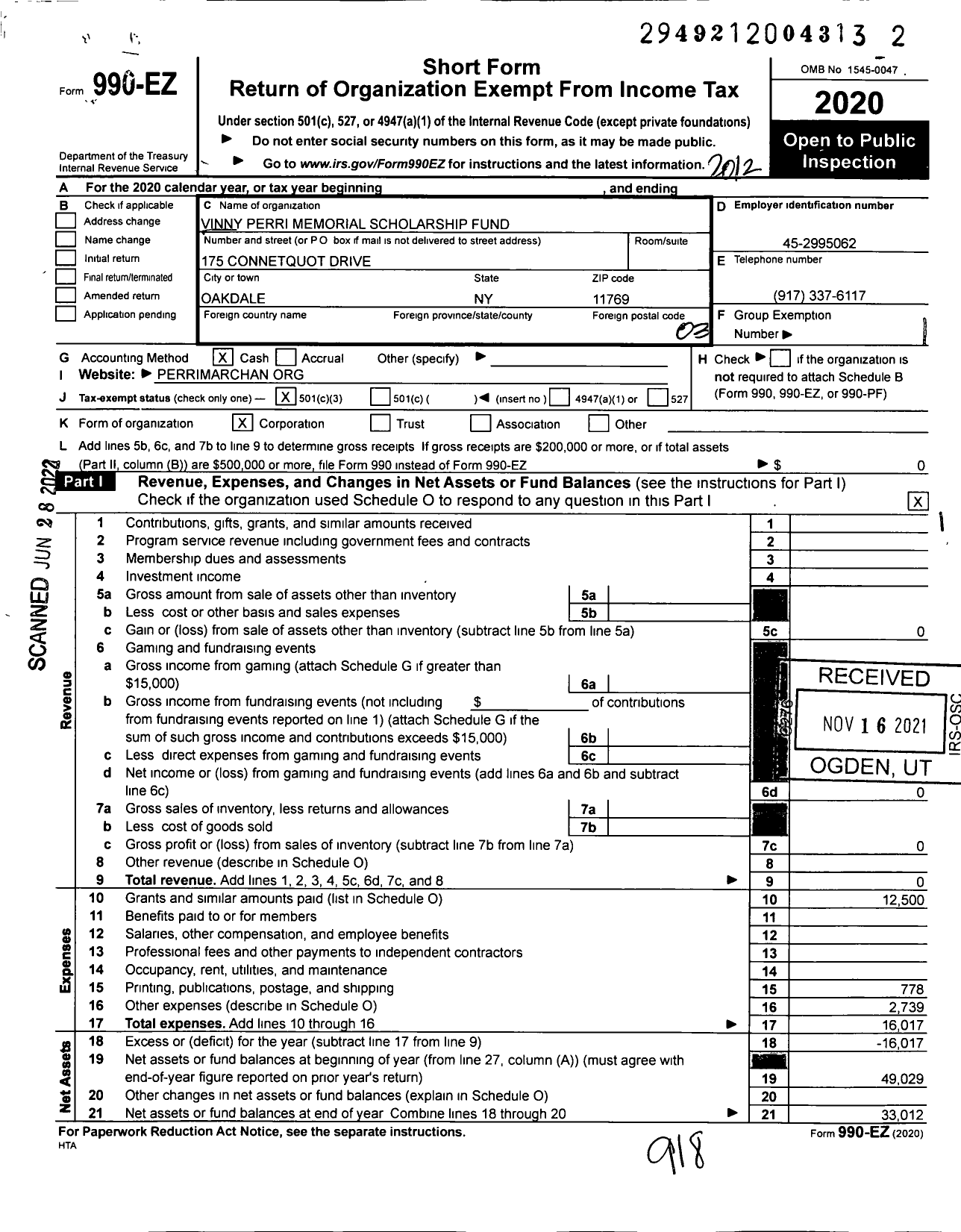 Image of first page of 2020 Form 990EZ for Vinny Perri Memorial Scholarship Fund
