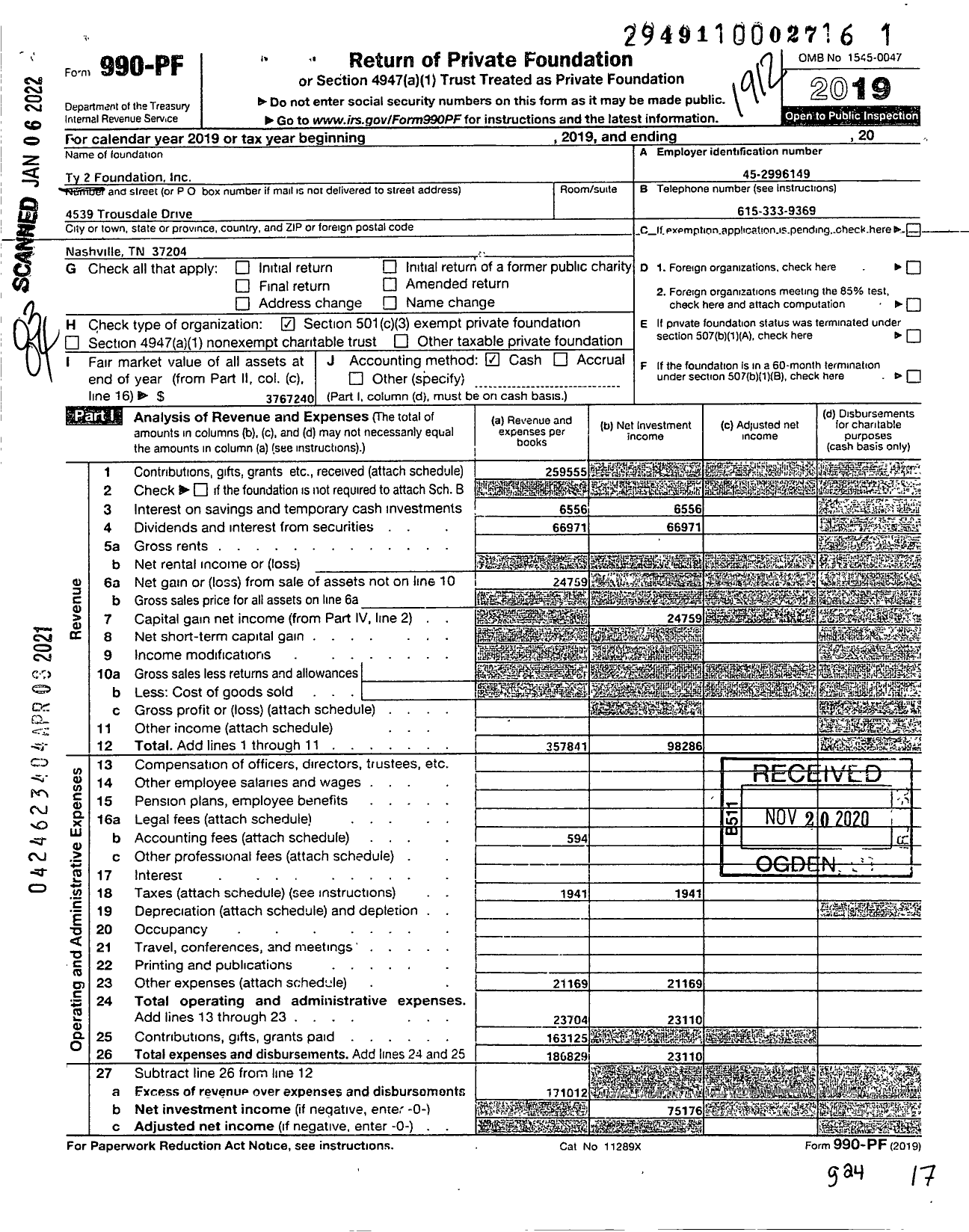 Image of first page of 2019 Form 990PF for Ty 2 Foundation