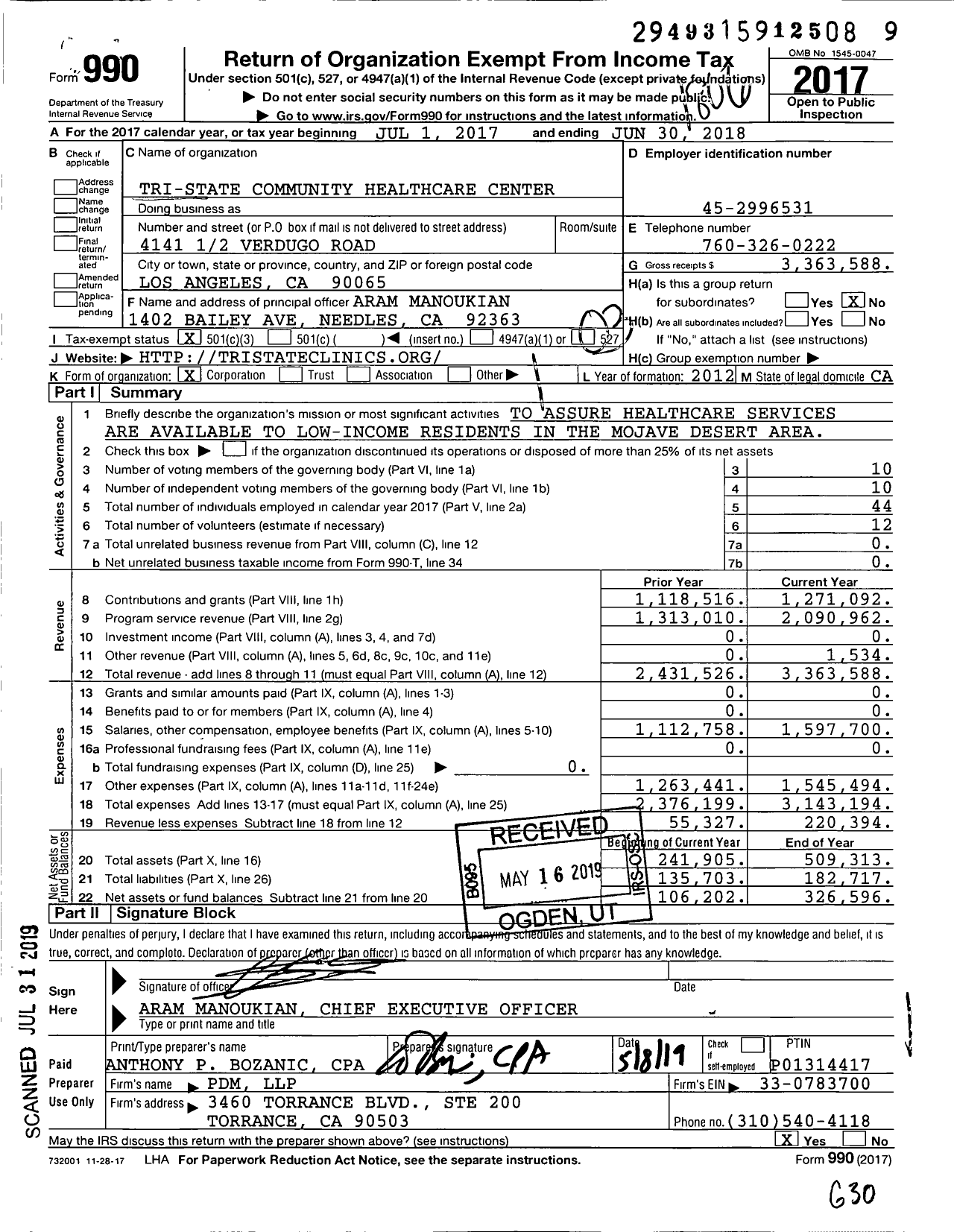Image of first page of 2017 Form 990 for Tri-State Community Healthcare Center