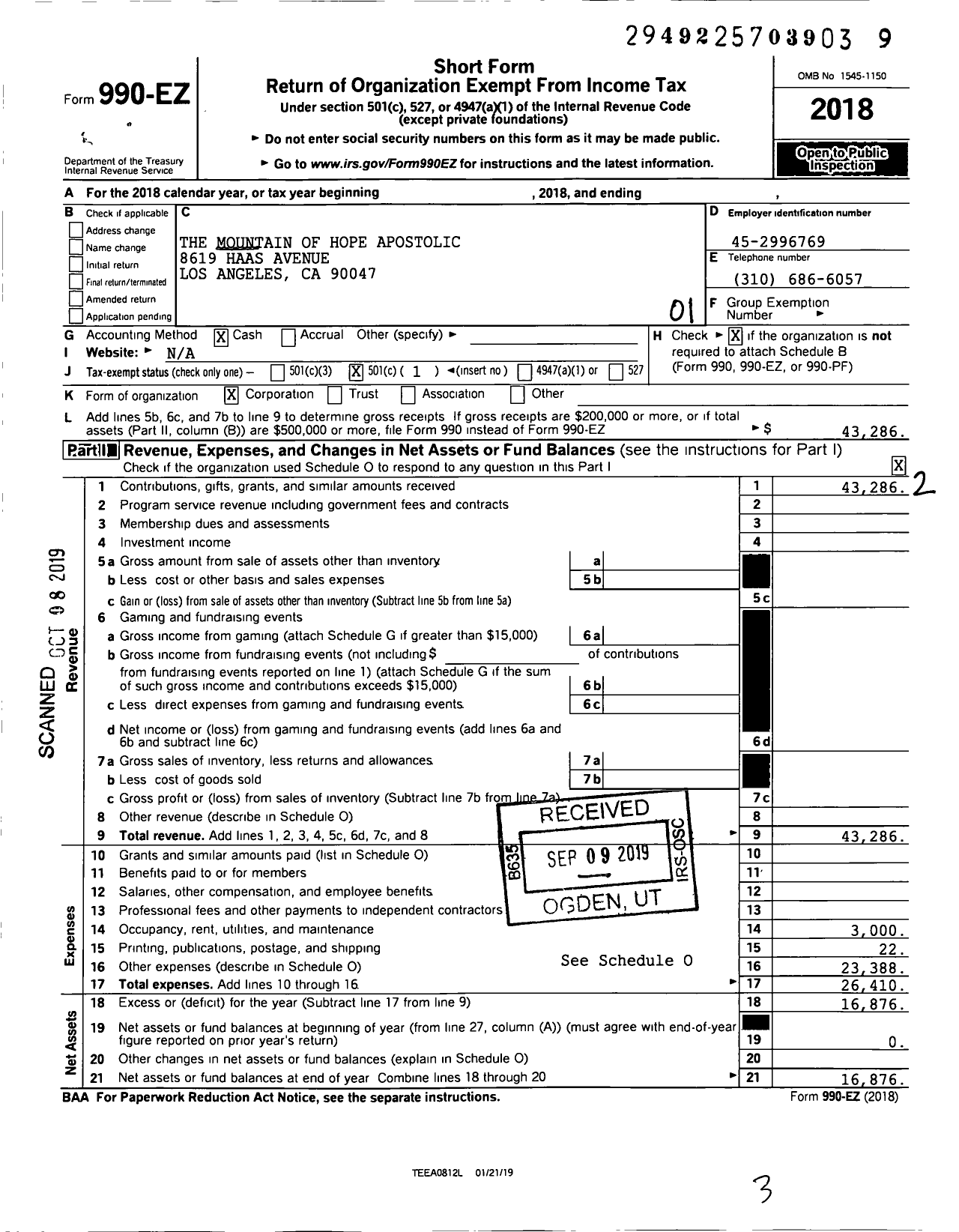 Image of first page of 2018 Form 990EO for The Mountain of Hope Apostolic