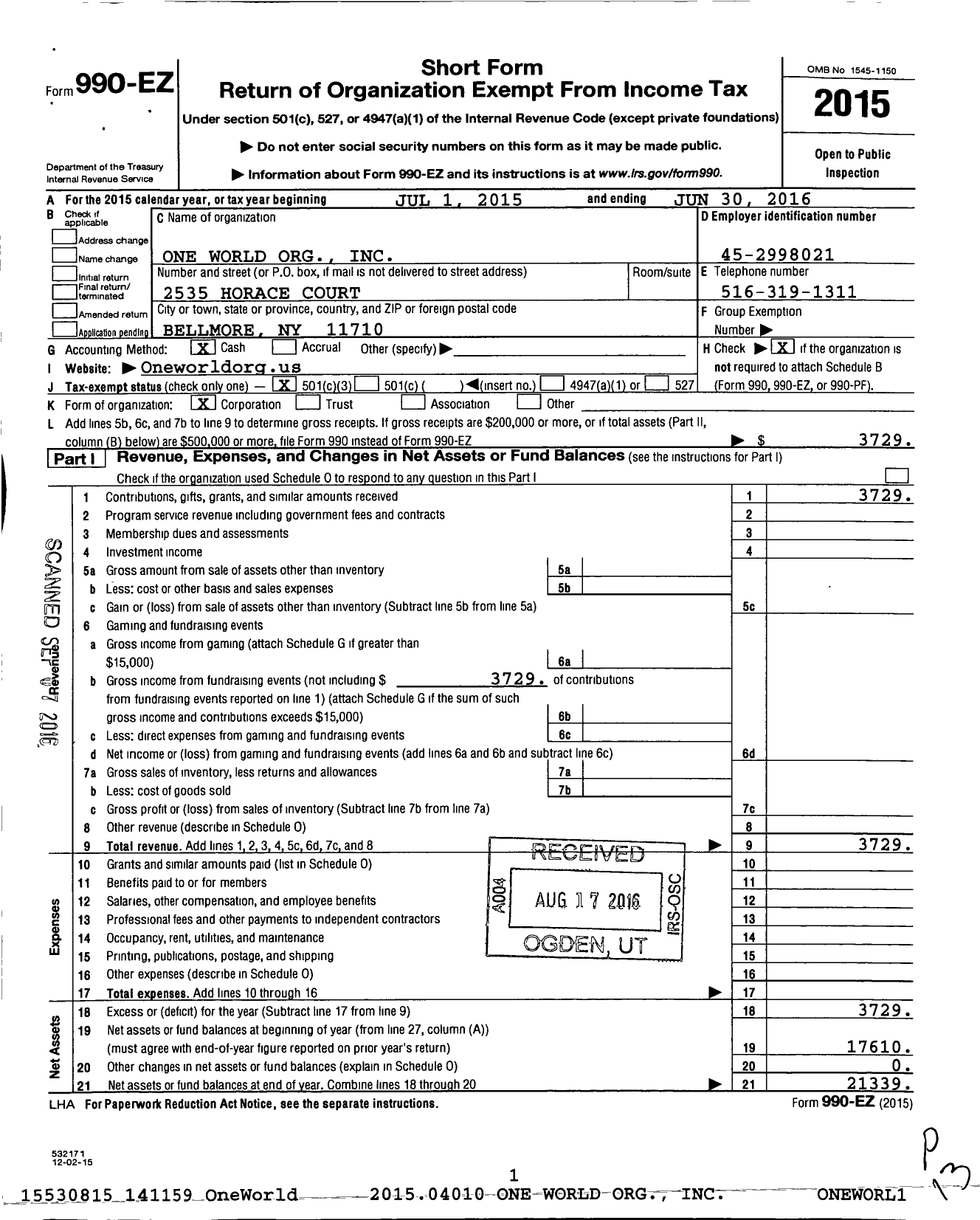 Image of first page of 2015 Form 990EZ for One World Org